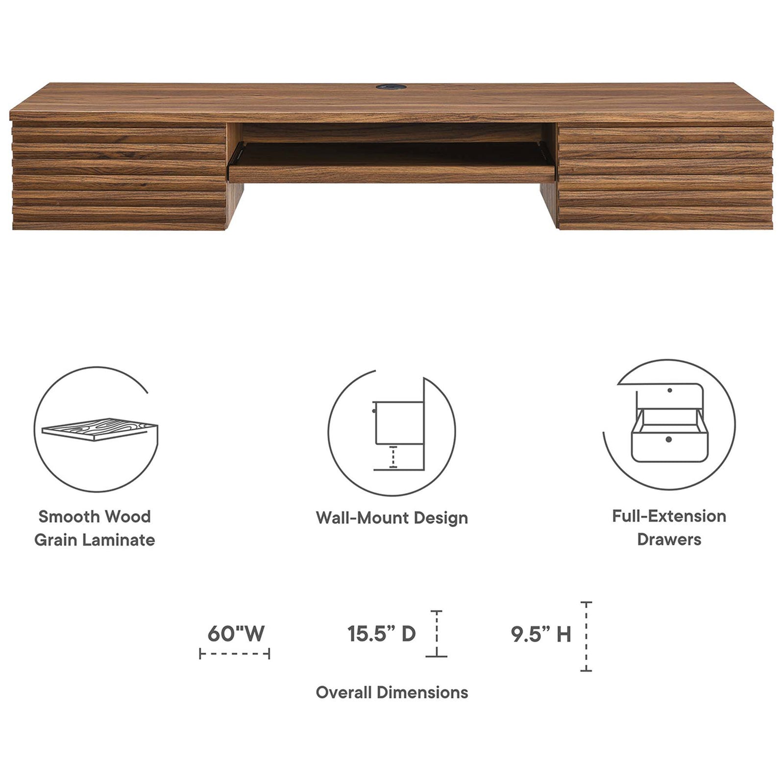 Key features and overall dimensions for the Render wall-mount desk in walnut finish. || EEI-5865-WAL || dimension_studio