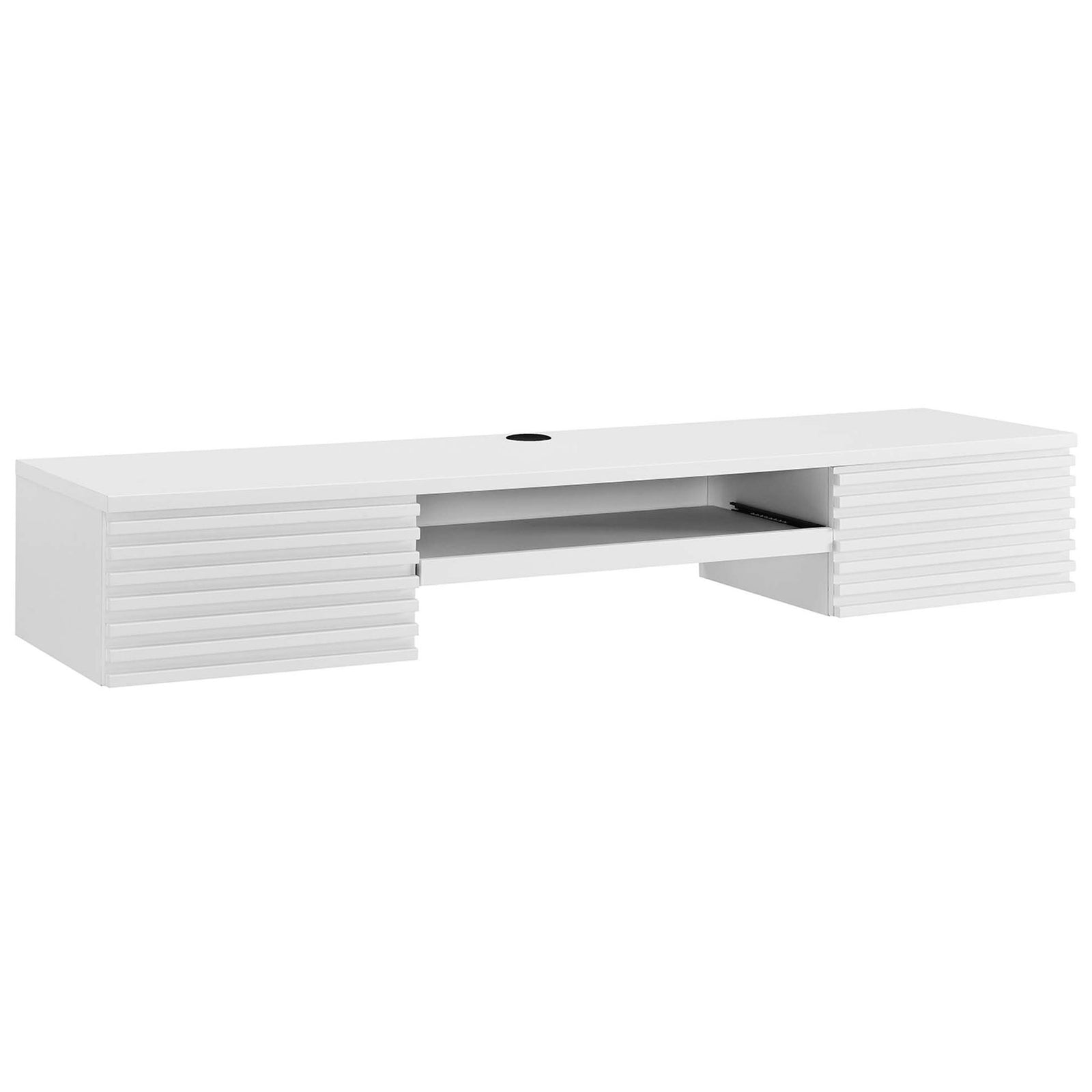 White desk with ribbed drawer fronts, center shelf, and a cable grommet for tidy cord management || EEI-5865-WHI || front_angle_studio
