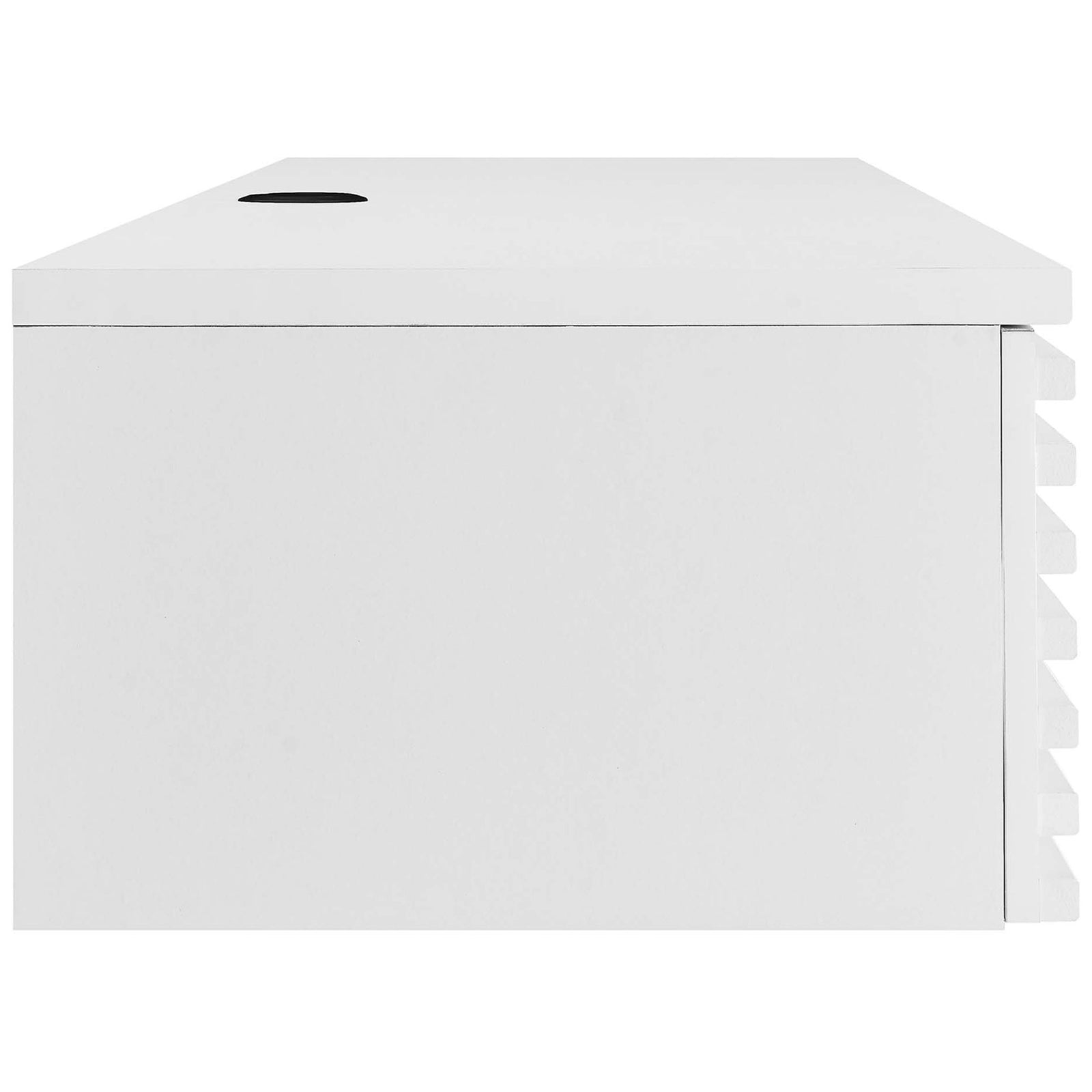 Slim side profile in white with clean lines and a round cable grommet on the desktop || EEI-5865-WHI || side_studio