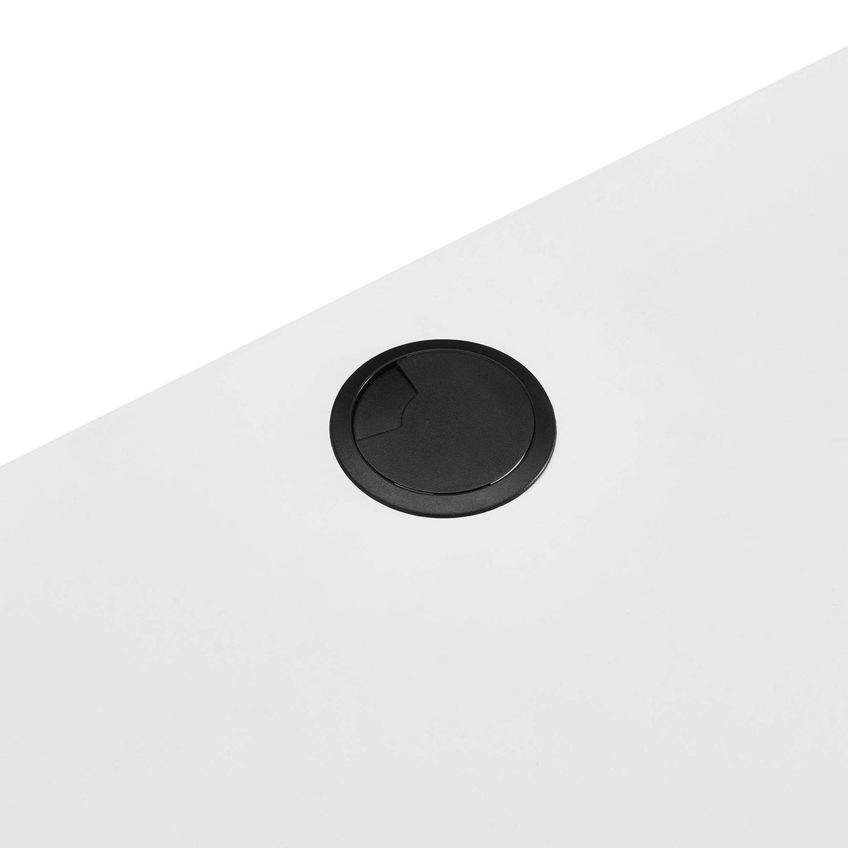 Round cable management grommet on the clean white top keeps device cords organized || EEI-5865-WHI || storage_studio