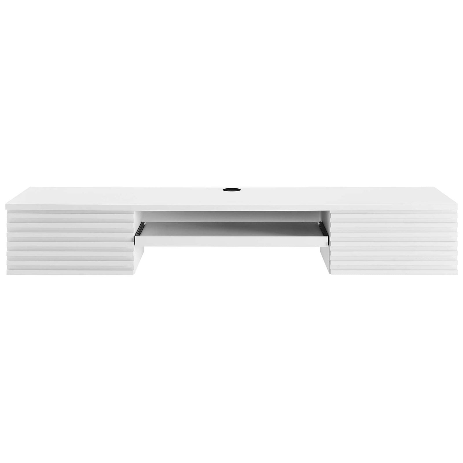 Sleek white desk with two slatted drawers and an open center shelf for a modern, space-saving look || EEI-5865-WHI || front_studio