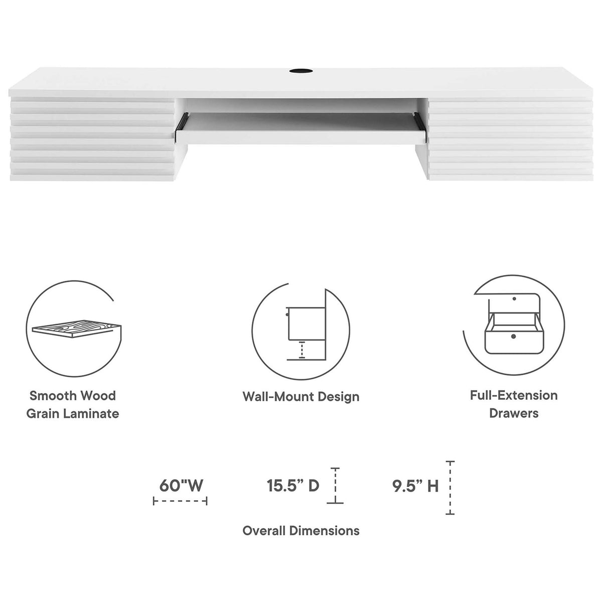 Feature callouts and overall dimensions for the sleek white desk at a glance || EEI-5865-WHI || dimension_studio