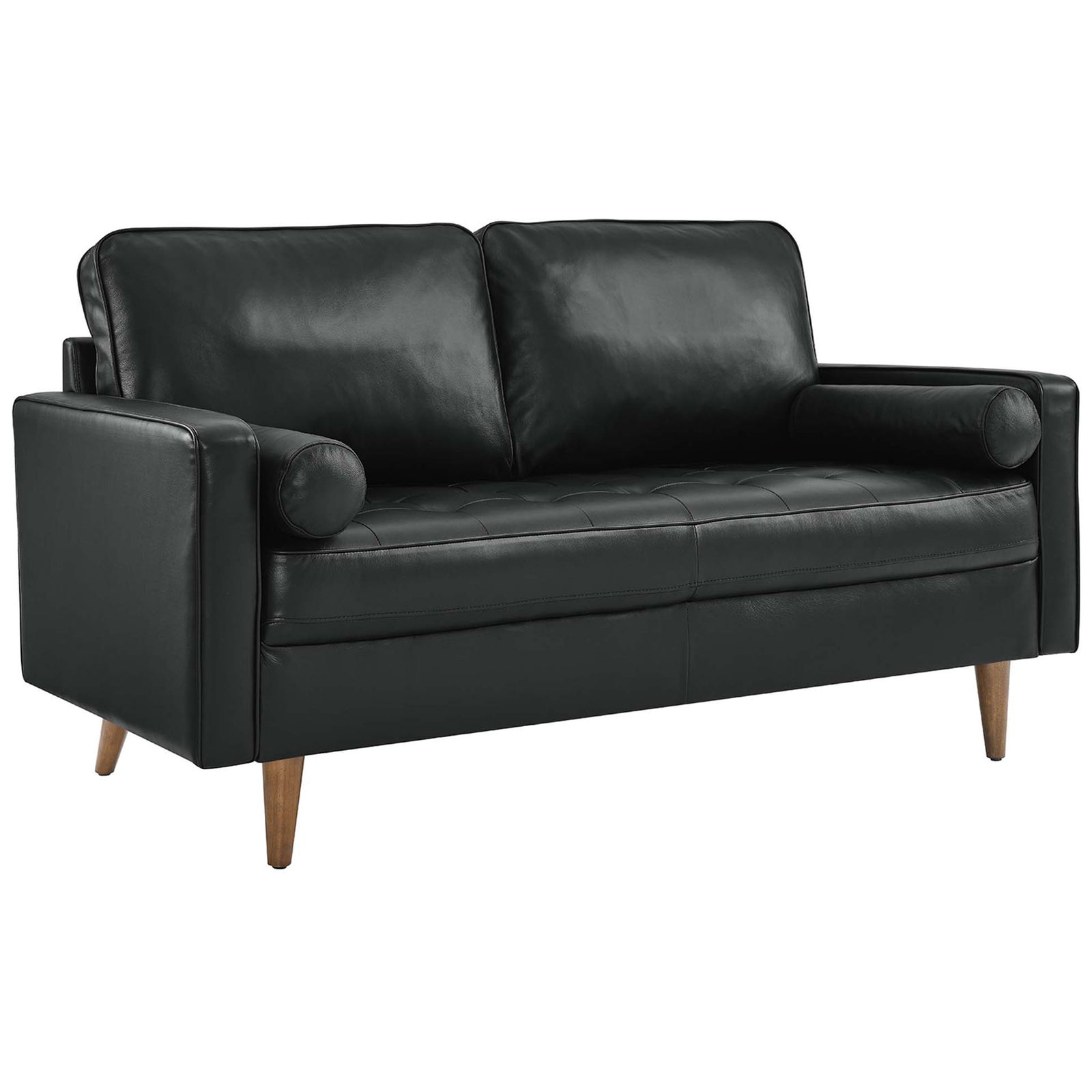 Black leather mid-century loveseat with tufted seat and bolster pillows on tapered wood legs || EEI-5870-BLK || front_angle_studio