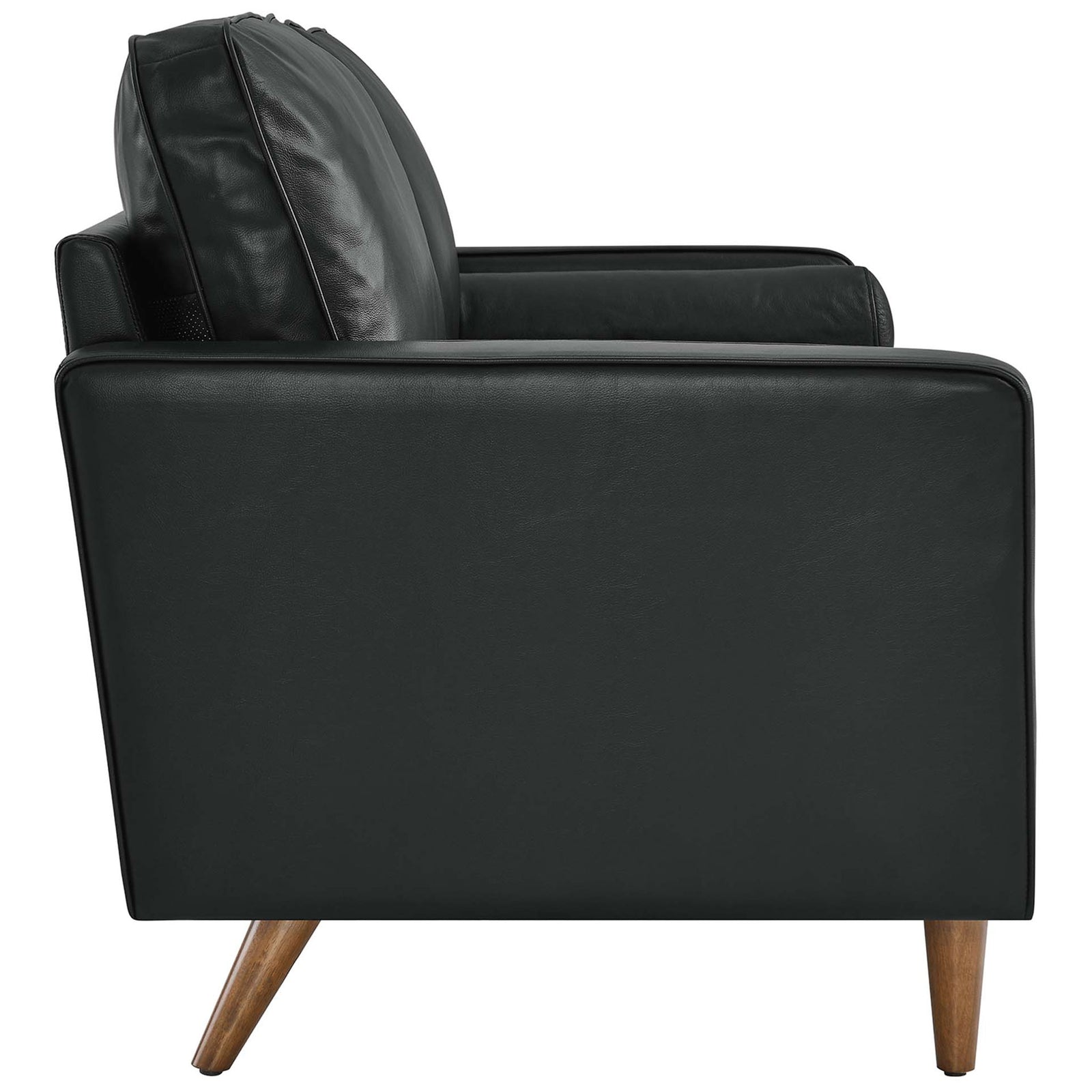 Black leather loveseat with slim track arms, plush back cushions, and walnut-finished tapered legs || EEI-5870-BLK || side_studio