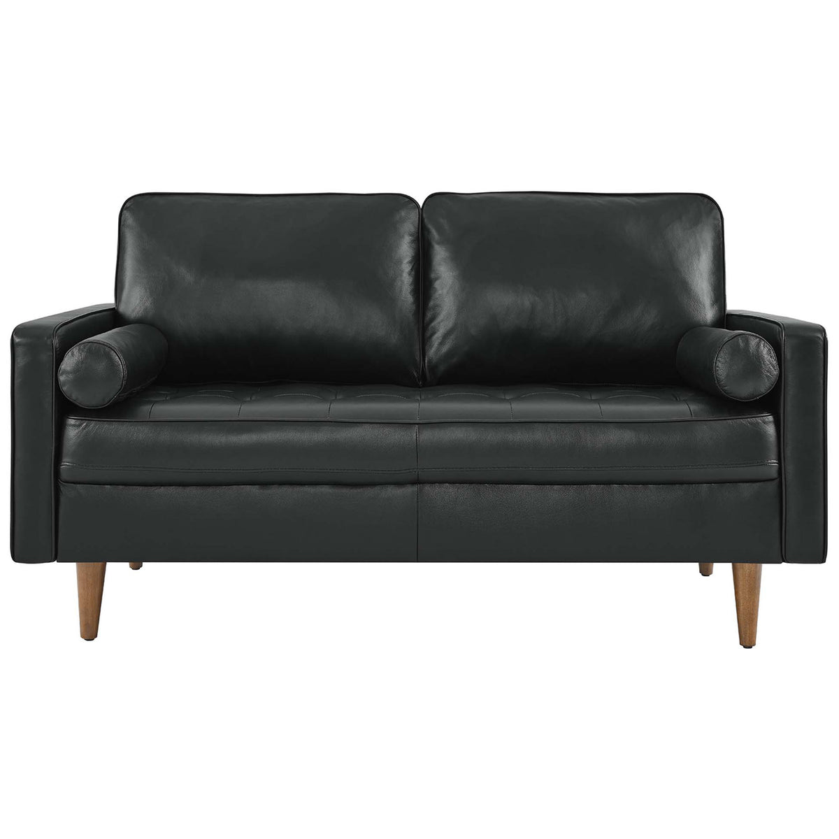 Black leather loveseat with two back cushions and cylindrical bolster pillows on each arm || EEI-5870-BLK || front_studio