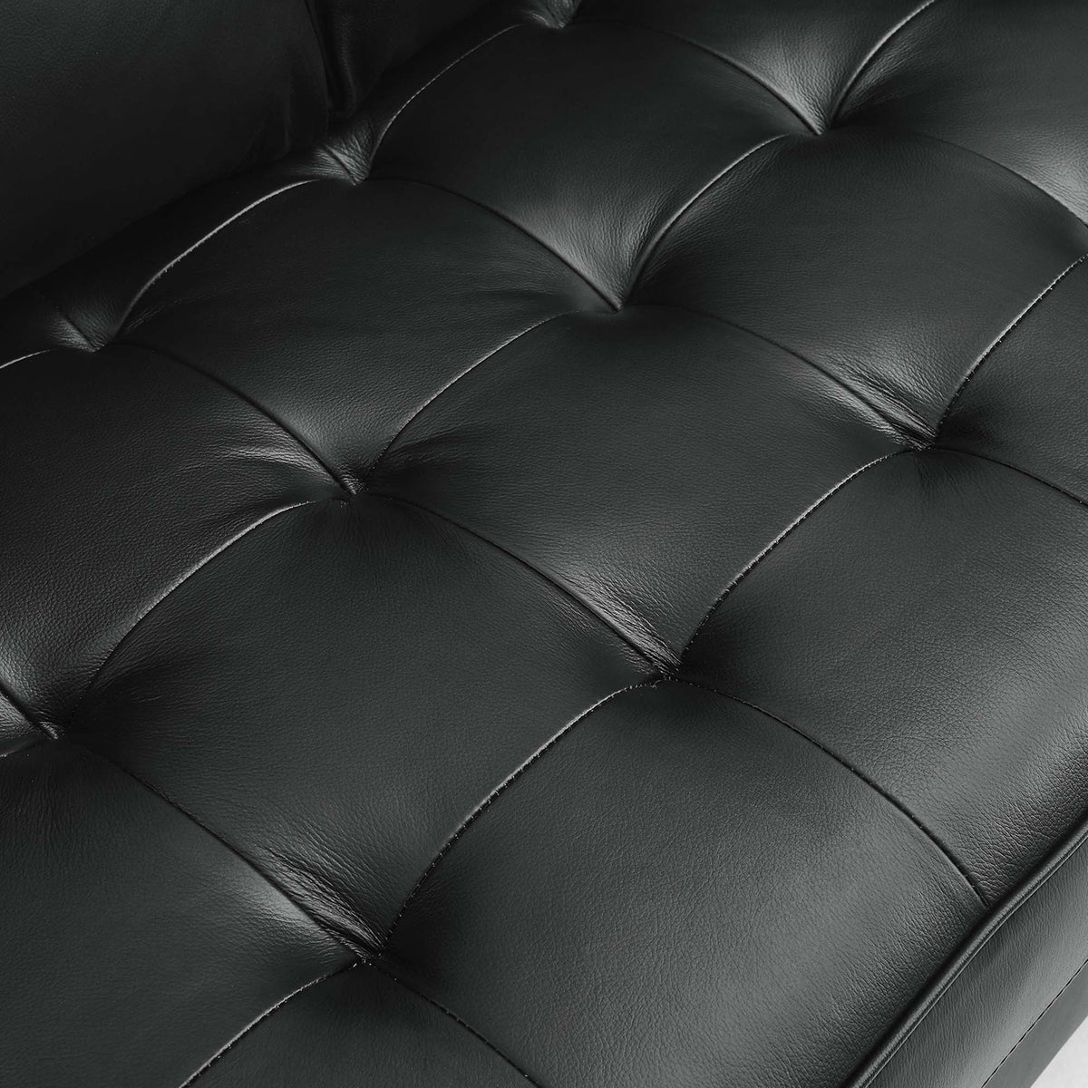Black leather tufted seat cushions showcasing square stitching and plush foam padding || EEI-5870-BLK || detail_studio
