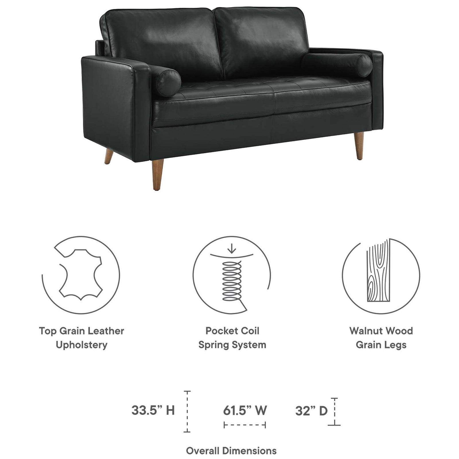 Black leather loveseat with illustrated dimensions and icons highlighting key comfort features || EEI-5870-BLK || dimension_studio
