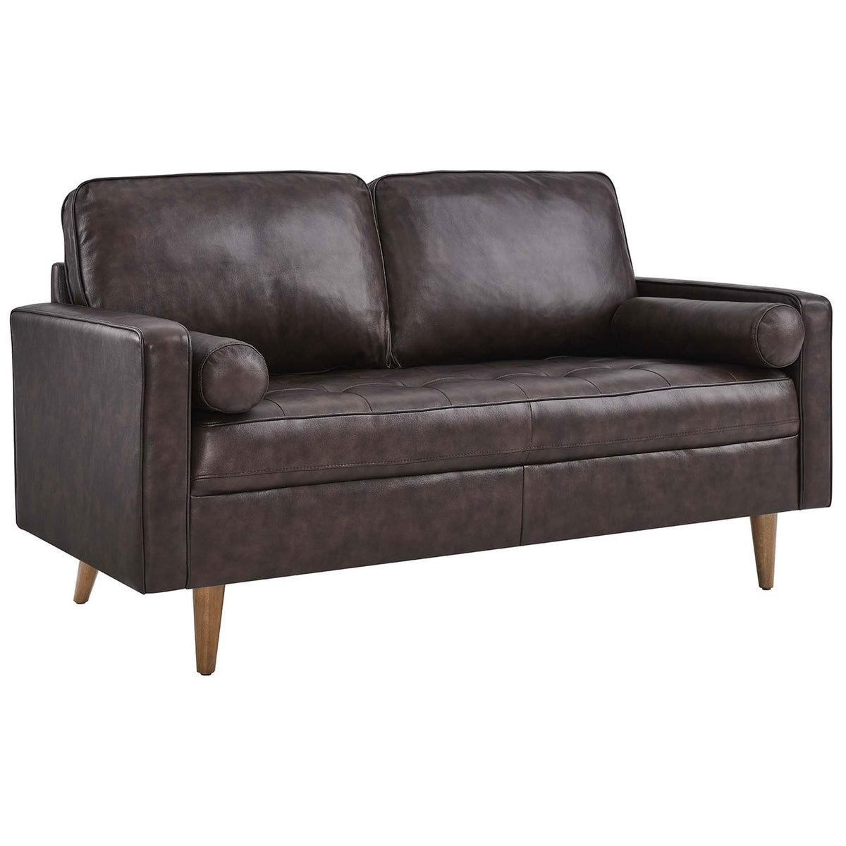 Brown leather loveseat with slim track arms, tufted seat, and tapered wood legs || EEI-5870-BRN || front_angle_studio