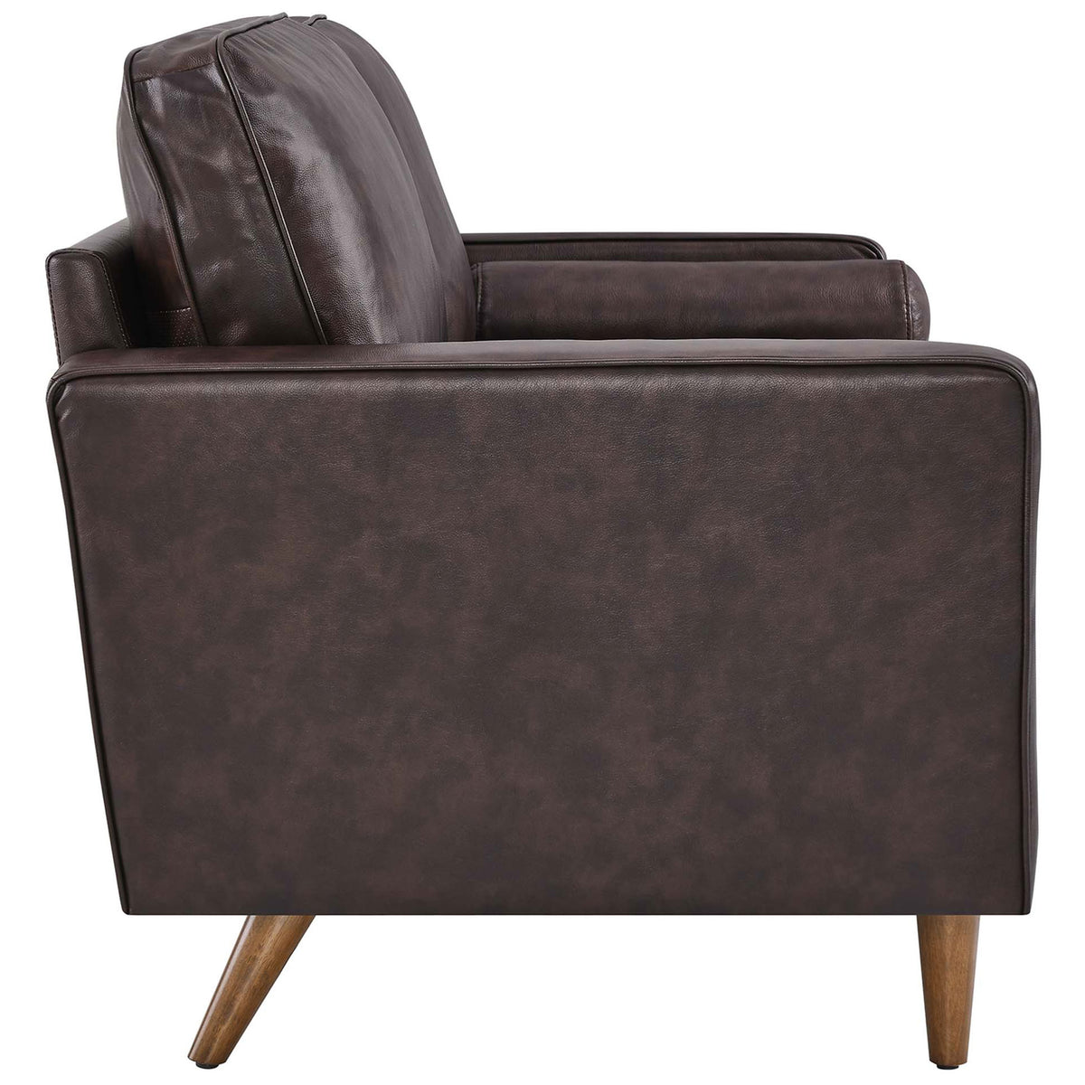 Sleek brown leather loveseat with slim arms and angled wood legs for a modern profile || EEI-5870-BRN || side_studio