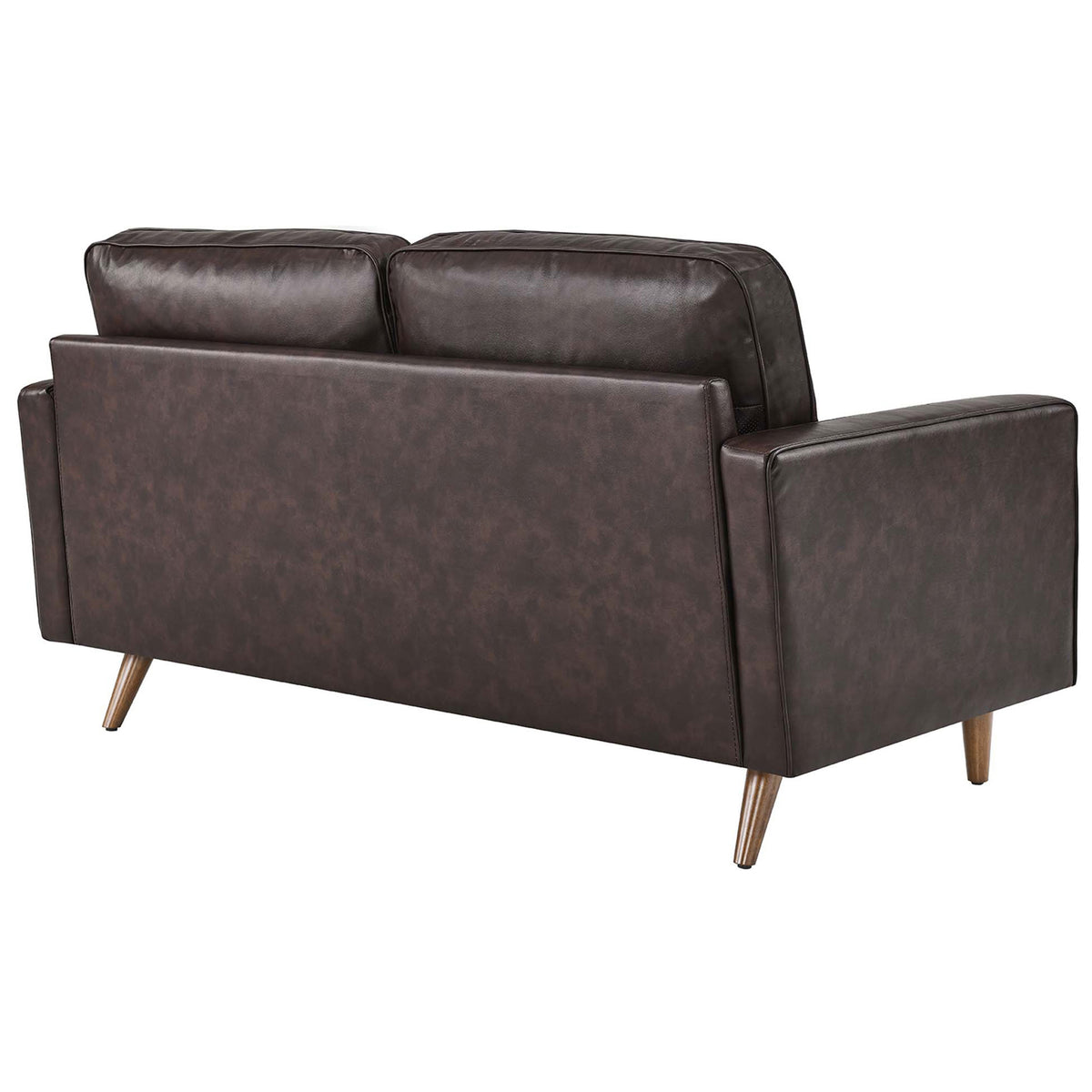 Brown leather loveseat with clean, tailored back and tapered wood legs || EEI-5870-BRN || back_angle_studio
