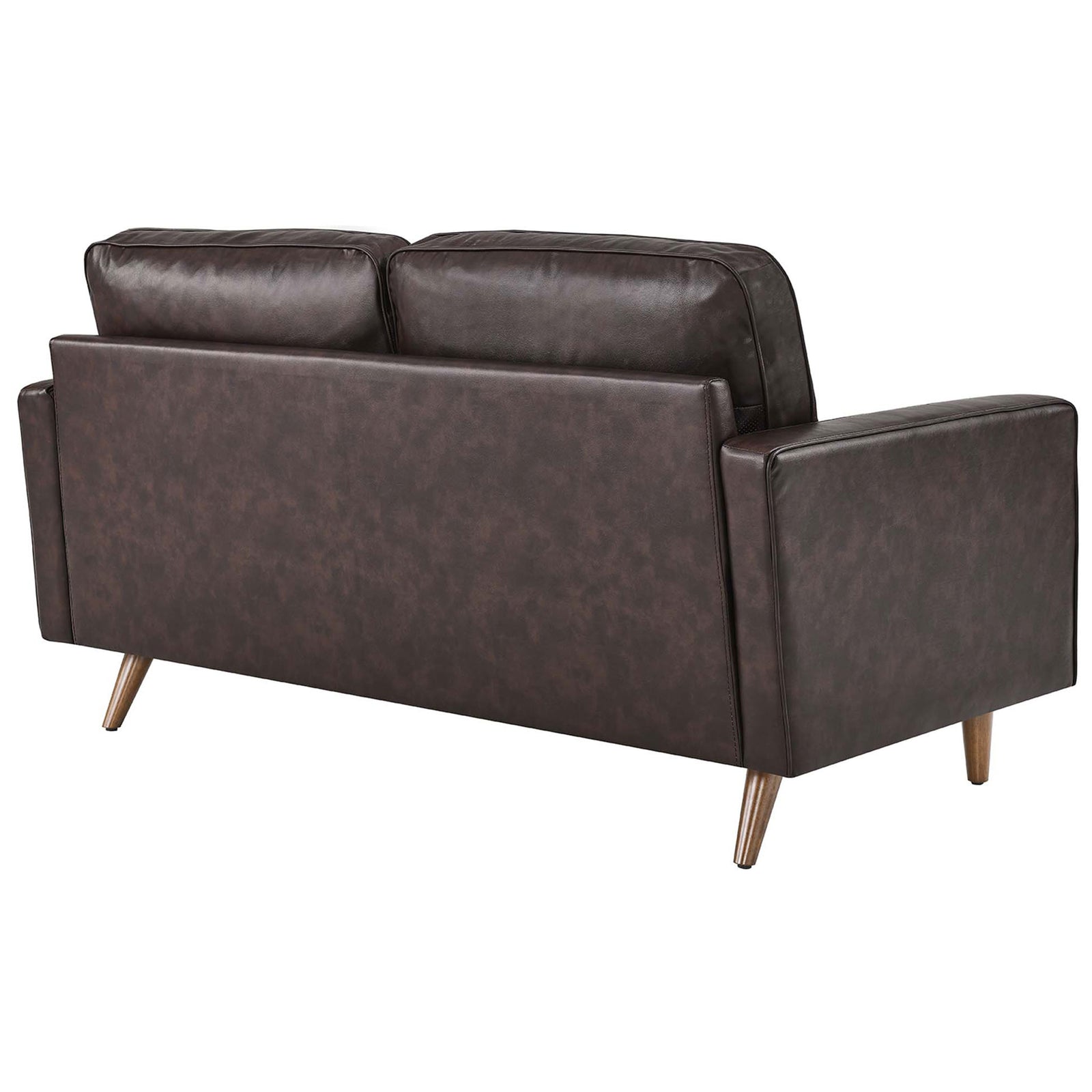 Brown leather loveseat with clean, tailored back and tapered wood legs || EEI-5870-BRN || back_angle_studio