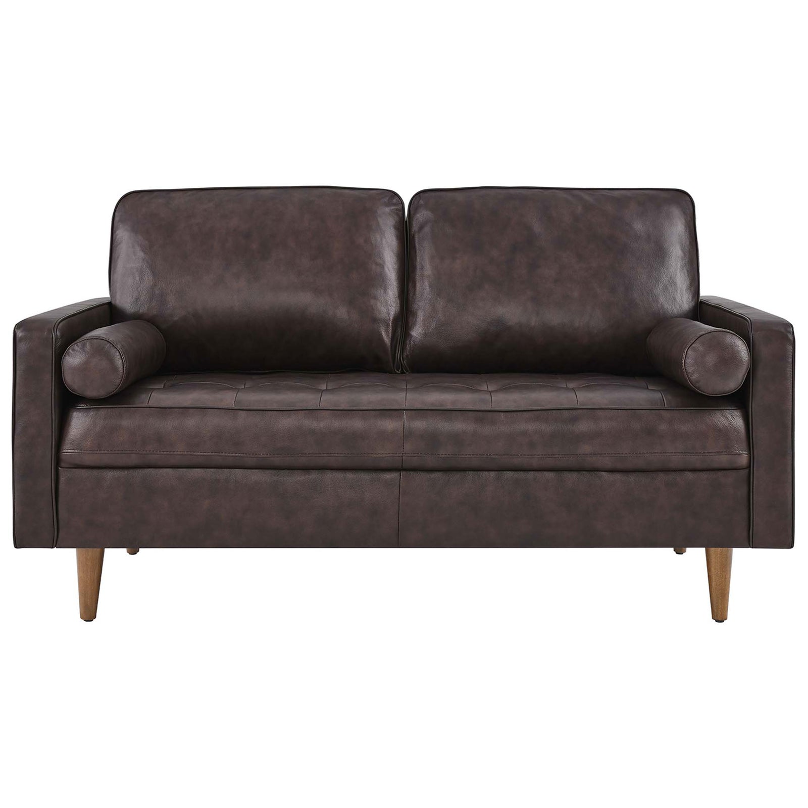 Compact mid-century brown leather loveseat with plush back cushions and bolster pillows || EEI-5870-BRN || front_studio