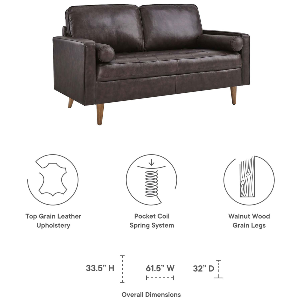 Feature callouts showing top grain leather, pocket coil support, and overall loveseat dimensions || EEI-5870-BRN || dimension_studio