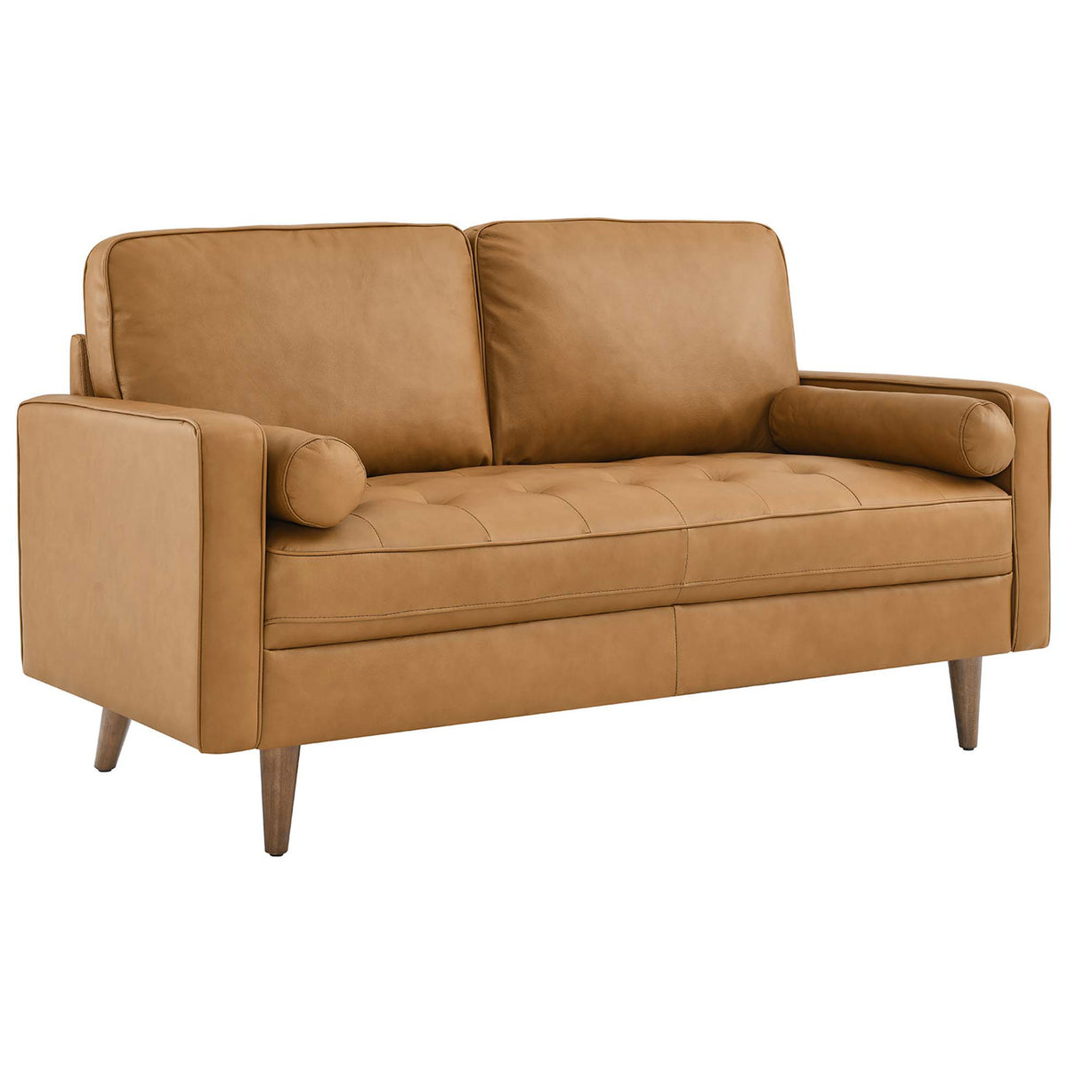 Compact tan leather loveseat with biscuit-tufted seat, bolster pillows, and tapered wood legs || EEI-5870-TAN || front_angle_studio