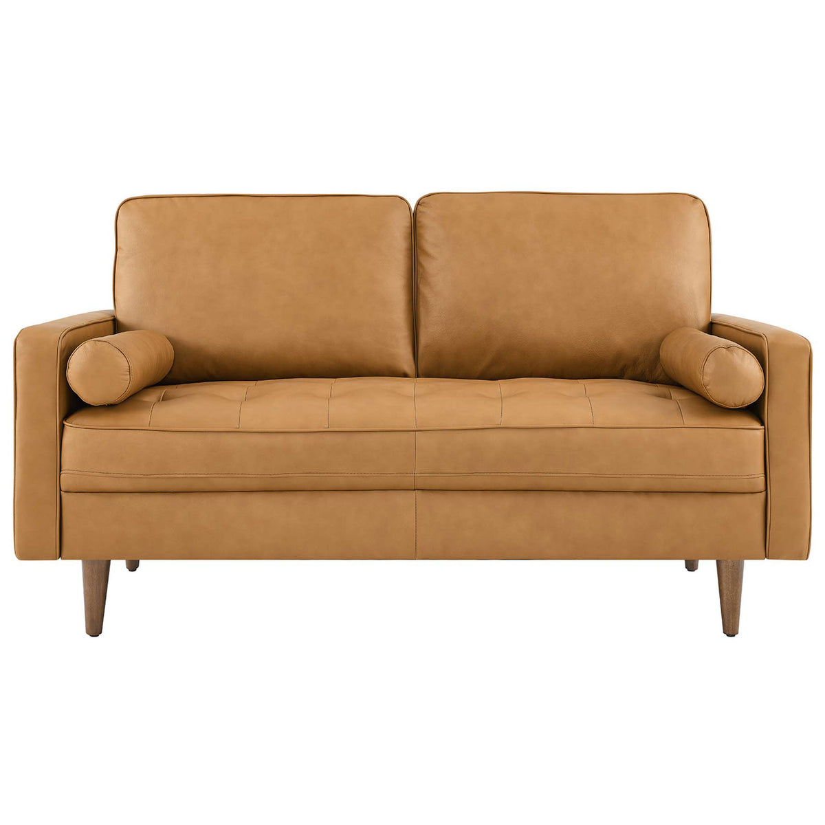 Tan leather loveseat with tufted seat and two matching bolster pillows for refined comfort || EEI-5870-TAN || front_studio