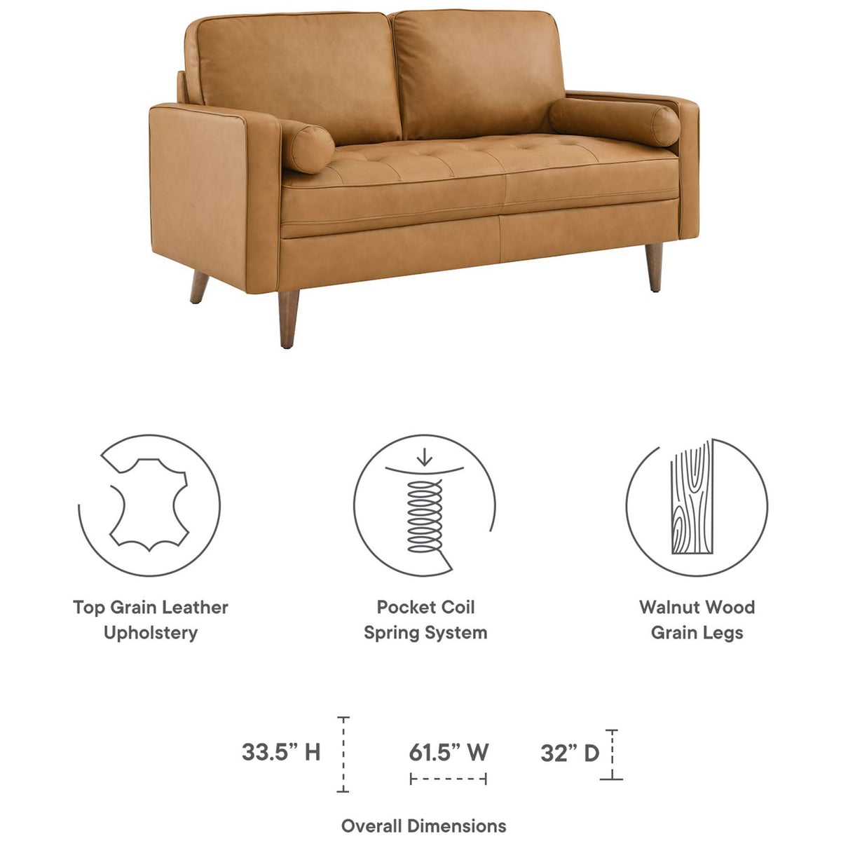 Feature callouts highlight the tan leather loveseat dimensions, spring support, and walnut wood legs || EEI-5870-TAN || dimension_studio