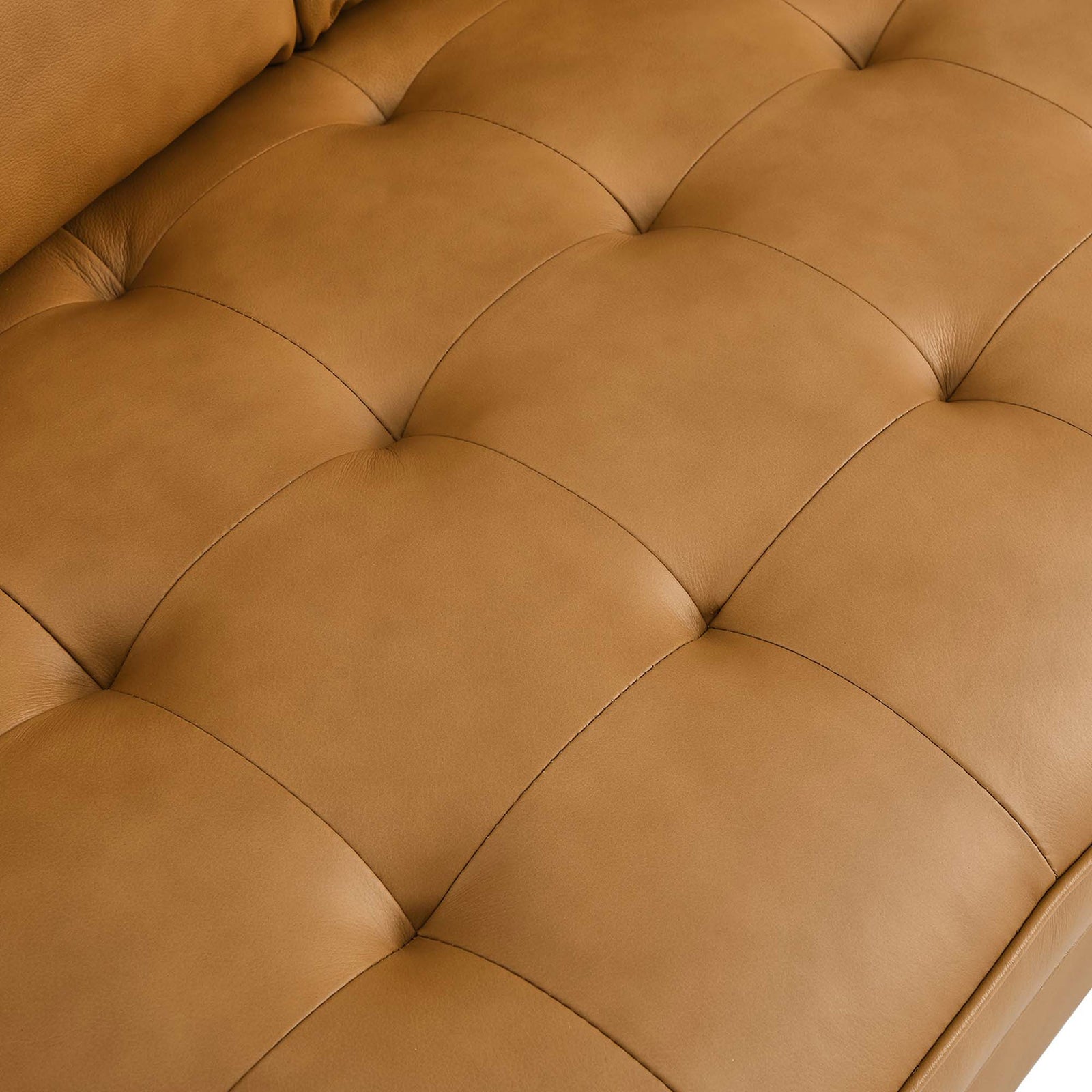 Biscuit-tufted tan leather seat showcasing soft cushioning and fine stitching || EEI-5870-TAN || swatch_studio