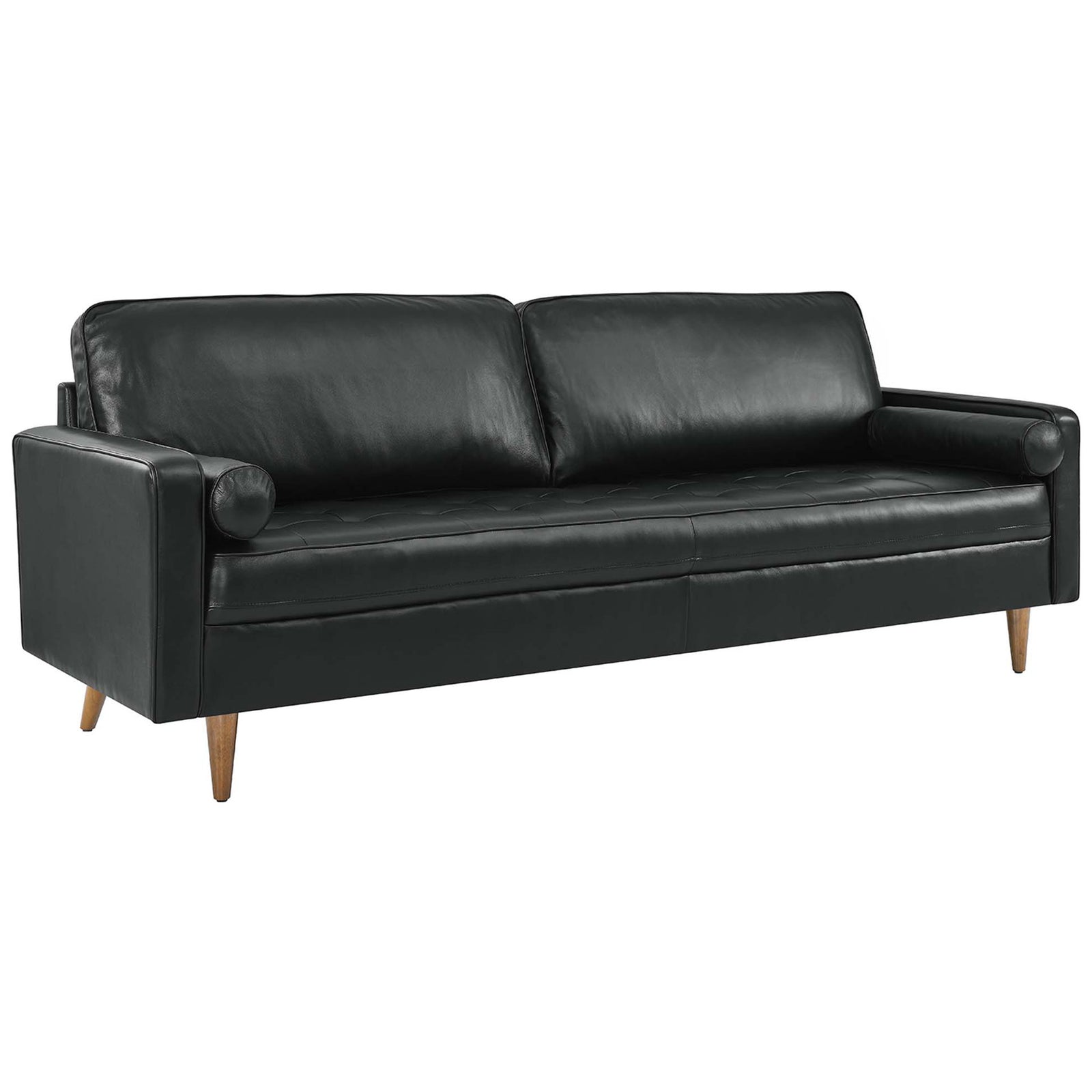Expansive 88 inch black leather Valour sofa delivers comfort with seating, back cushions, and coordinating bolsters. || EEI-5871-BLK || front_angle_studio