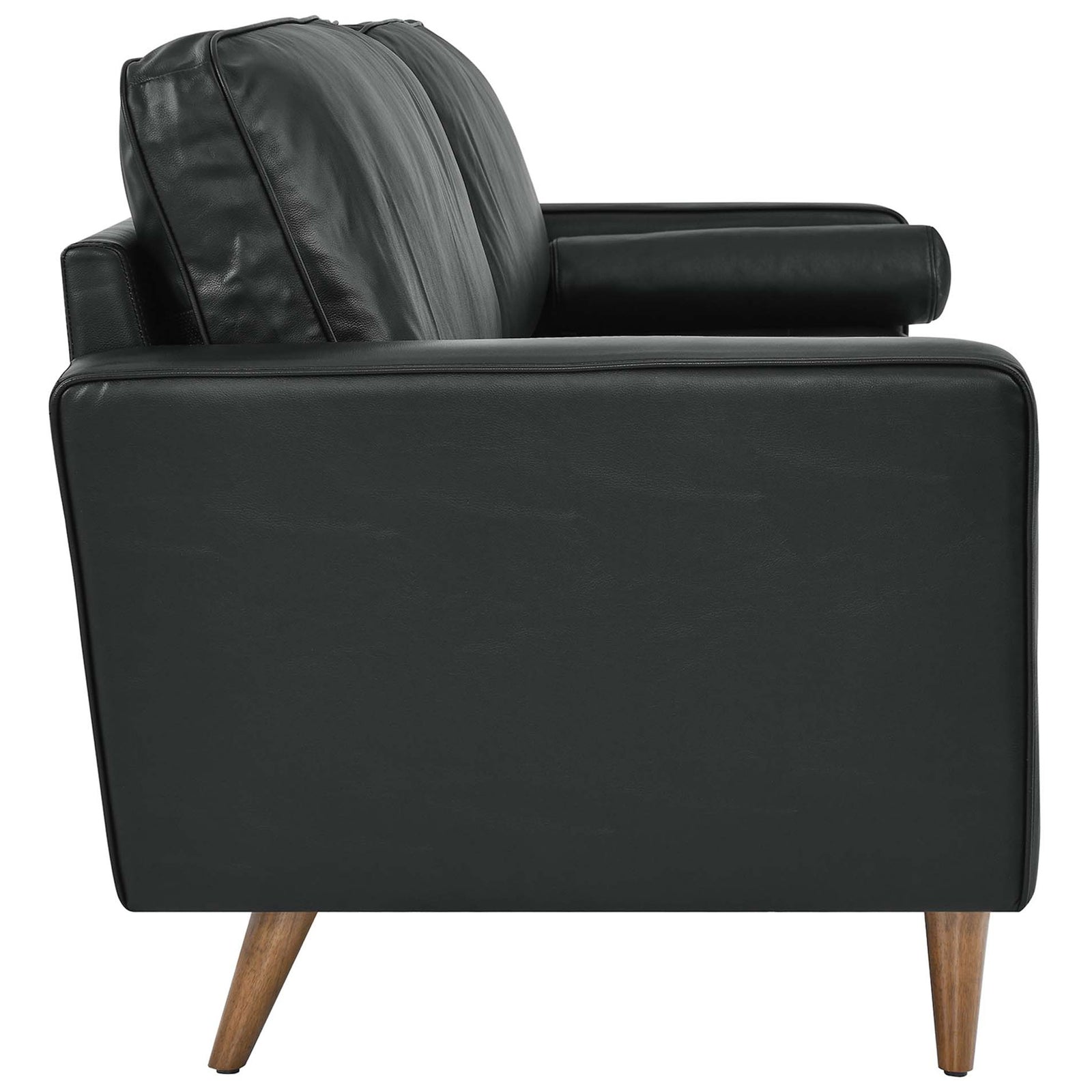 Long, low profile black leather Valour sofa in an 88 inch size showcases slim arms and ample seating for guests. || EEI-5871-BLK || side_studio