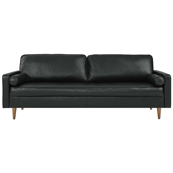 Grand 88 inch Valour black leather sofa with tufted seat, bolster pillows, and walnut legs for spacious family seating. || EEI-5871-BLK || front_studio