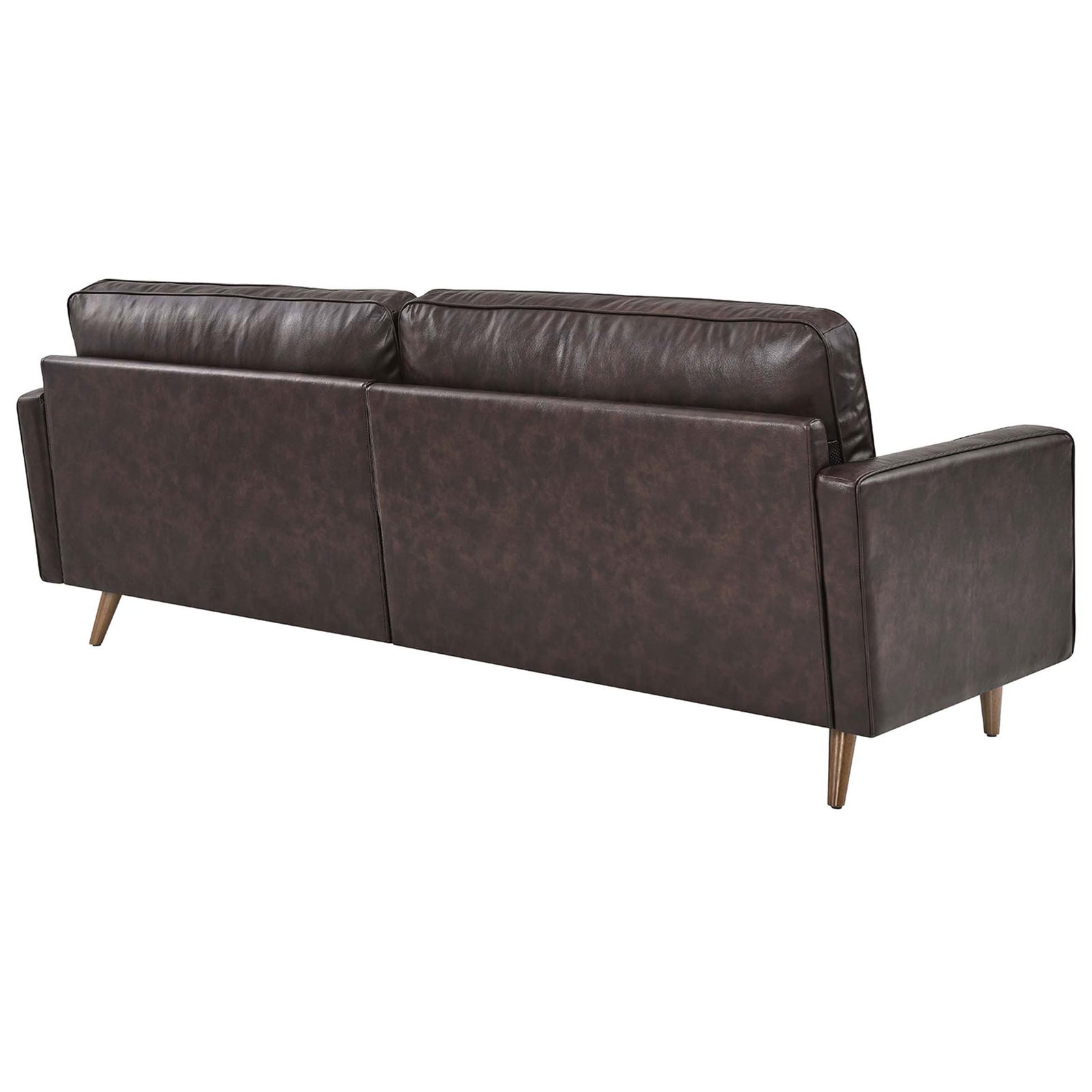 Extended 88 inch sofa in rich brown leather with neatly tailored back and clean modern lines || EEI-5871-BRN || back_angle_studio