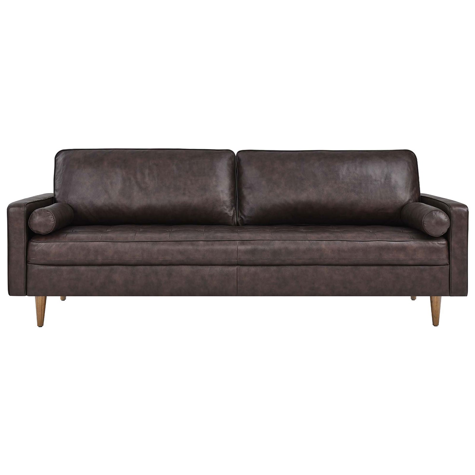 Brown leather Valour 88 inch sofa with extra-wide bench seat, bolster pillows, and tapered walnut legs || EEI-5871-BRN || front_studio