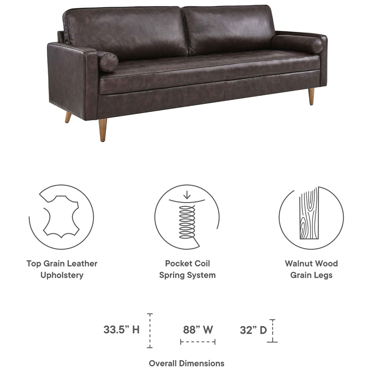 Valour 88 inch leather sofa with icons for top grain upholstery, pocket coil support, and wood legs || EEI-5871-BRN || dimension_studio
