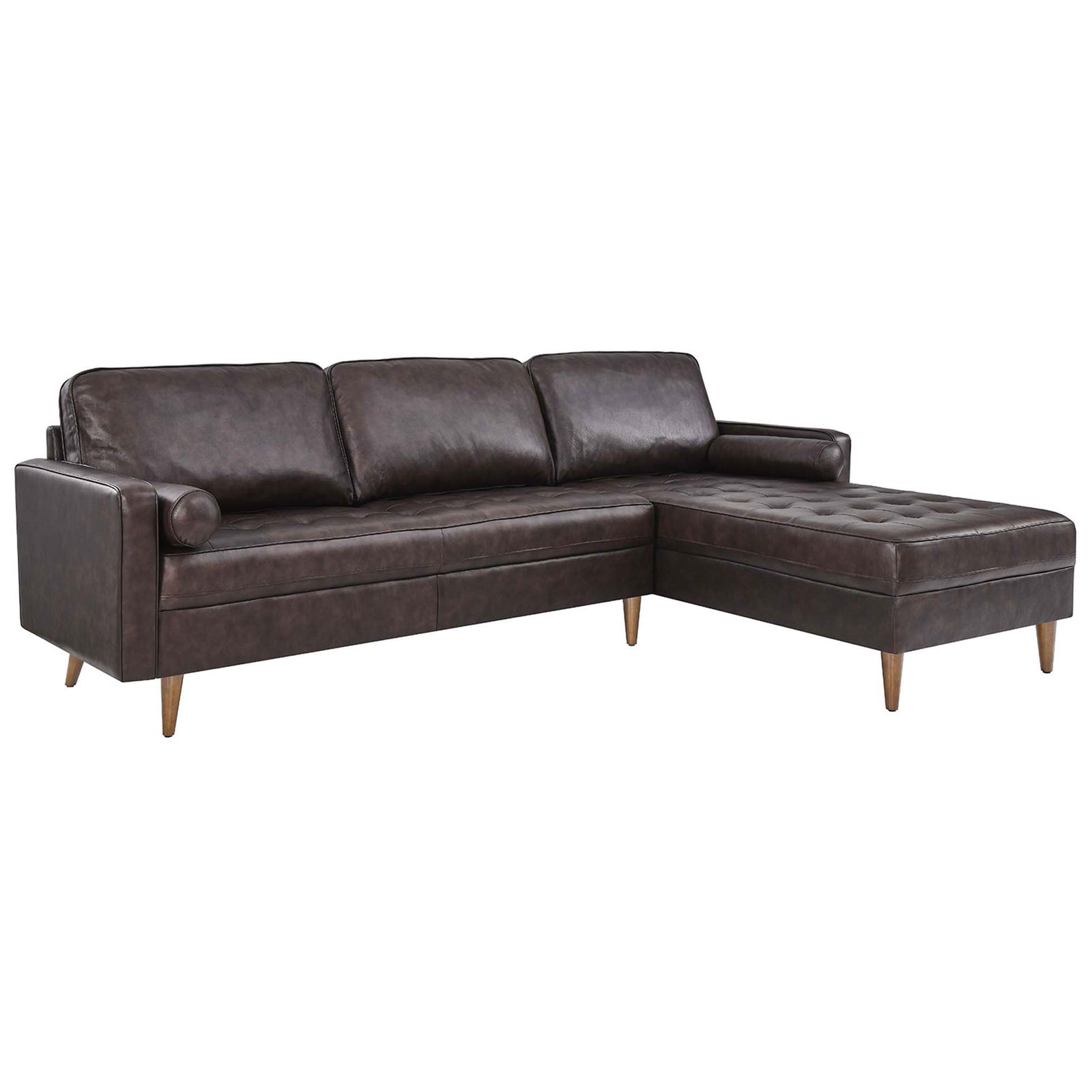 Top grain brown leather sectional with right chaise and tapered walnut legs for a warm modern look || EEI-5873-BRN || front_angle_studio