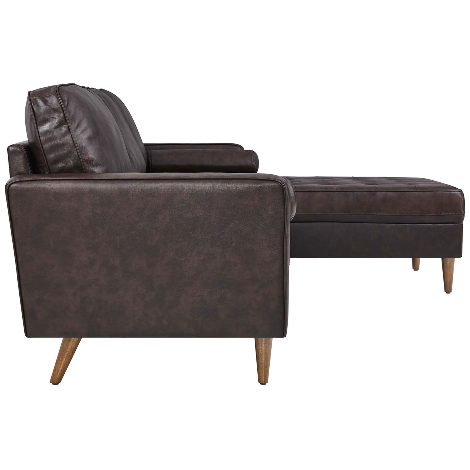 Streamlined track-arm profile of the brown leather sectional highlighting its slim silhouette and wood legs || EEI-5873-BRN || side_studio