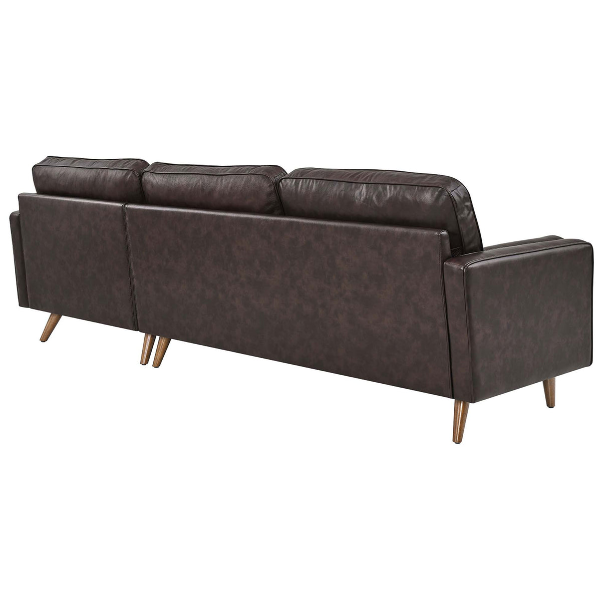 Fully upholstered brown leather back of the sectional sofa with tailored cushions and tapered wood legs || EEI-5873-BRN || back_angle_studio