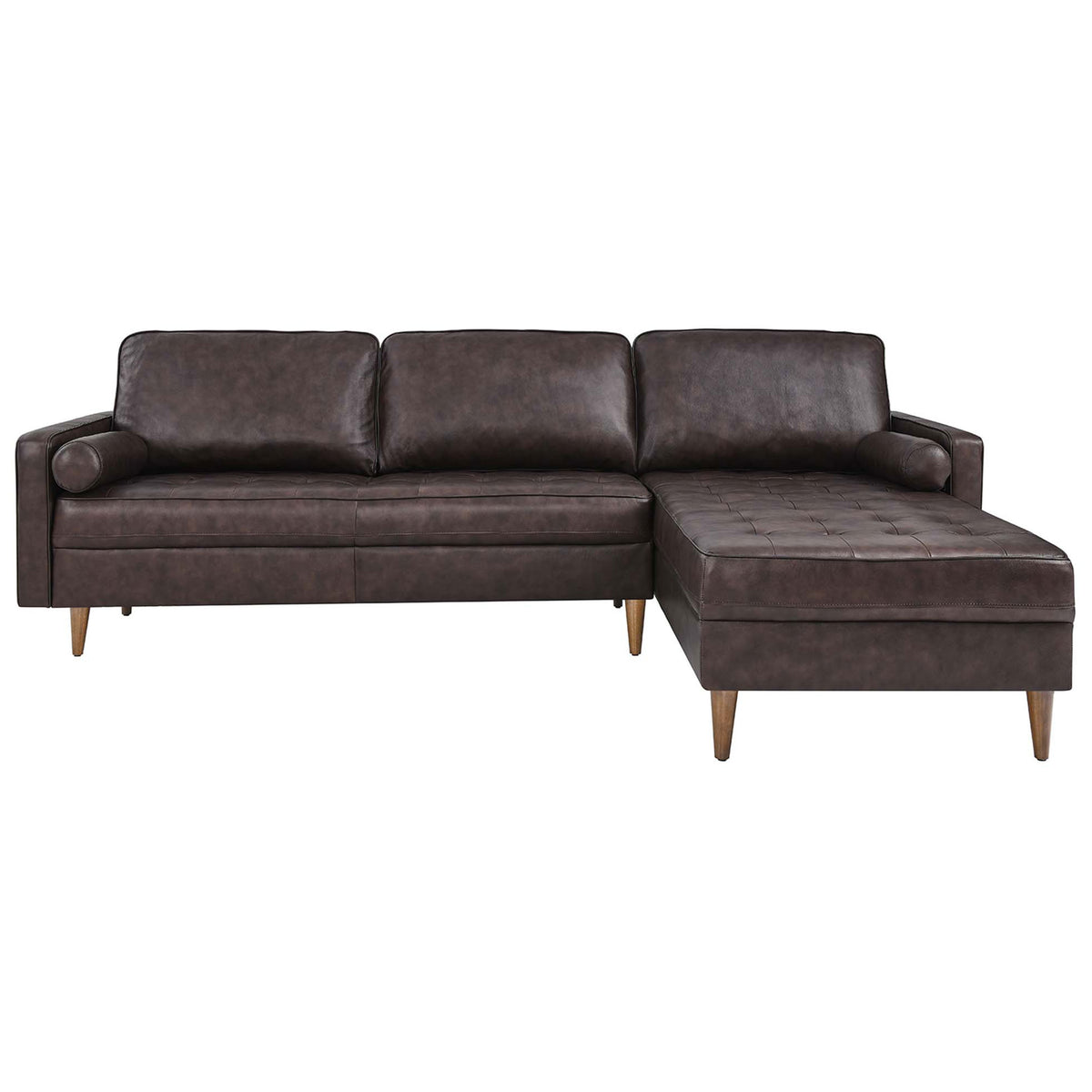 Brown leather sectional with right chaise, tufted seat, and clean mid-century lines || EEI-5873-BRN || front_studio