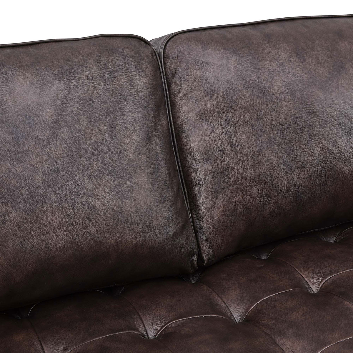 Close-up of the brown leather cushions and deep biscuit tufting for plush, supportive comfort || EEI-5873-BRN || detail_studio