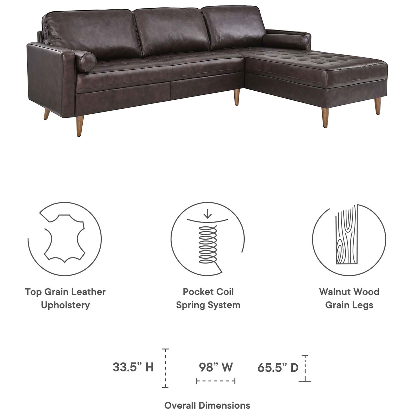 Brown leather sectional with right chaise, pocket coil springs, walnut legs, and overall size 98 by 65.5 inches || EEI-5873-BRN || dimension_studio