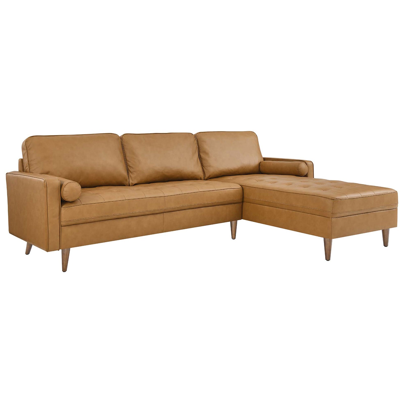 Spacious tan leather sectional with three plush back cushions, biscuit tufting, and cylindrical bolster pillows. || EEI-5873-TAN || front_angle_studio
