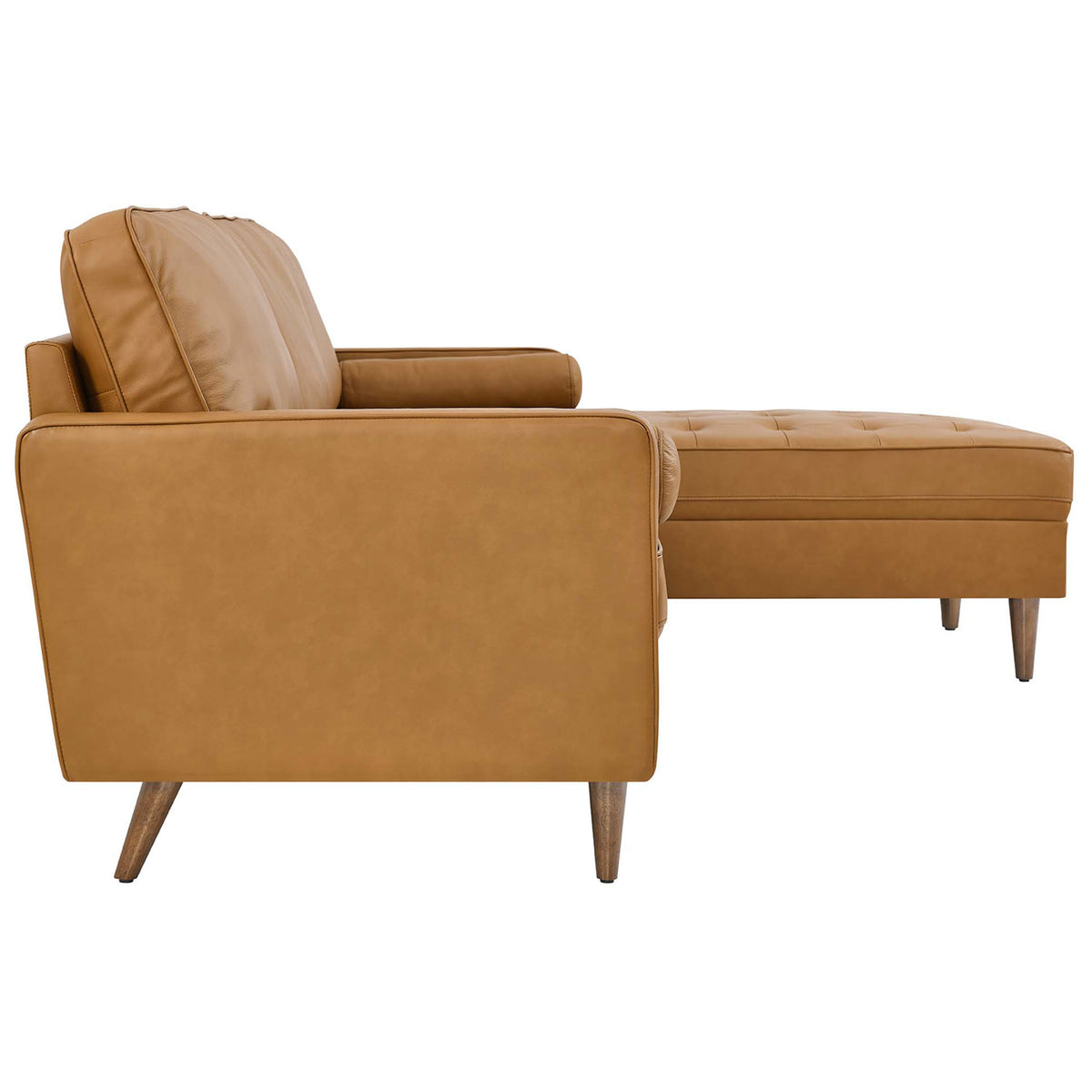 Slim-profile tan leather sectional showing clean track arms, tailored cushions, and tapered walnut-finish legs. || EEI-5873-TAN || side_studio