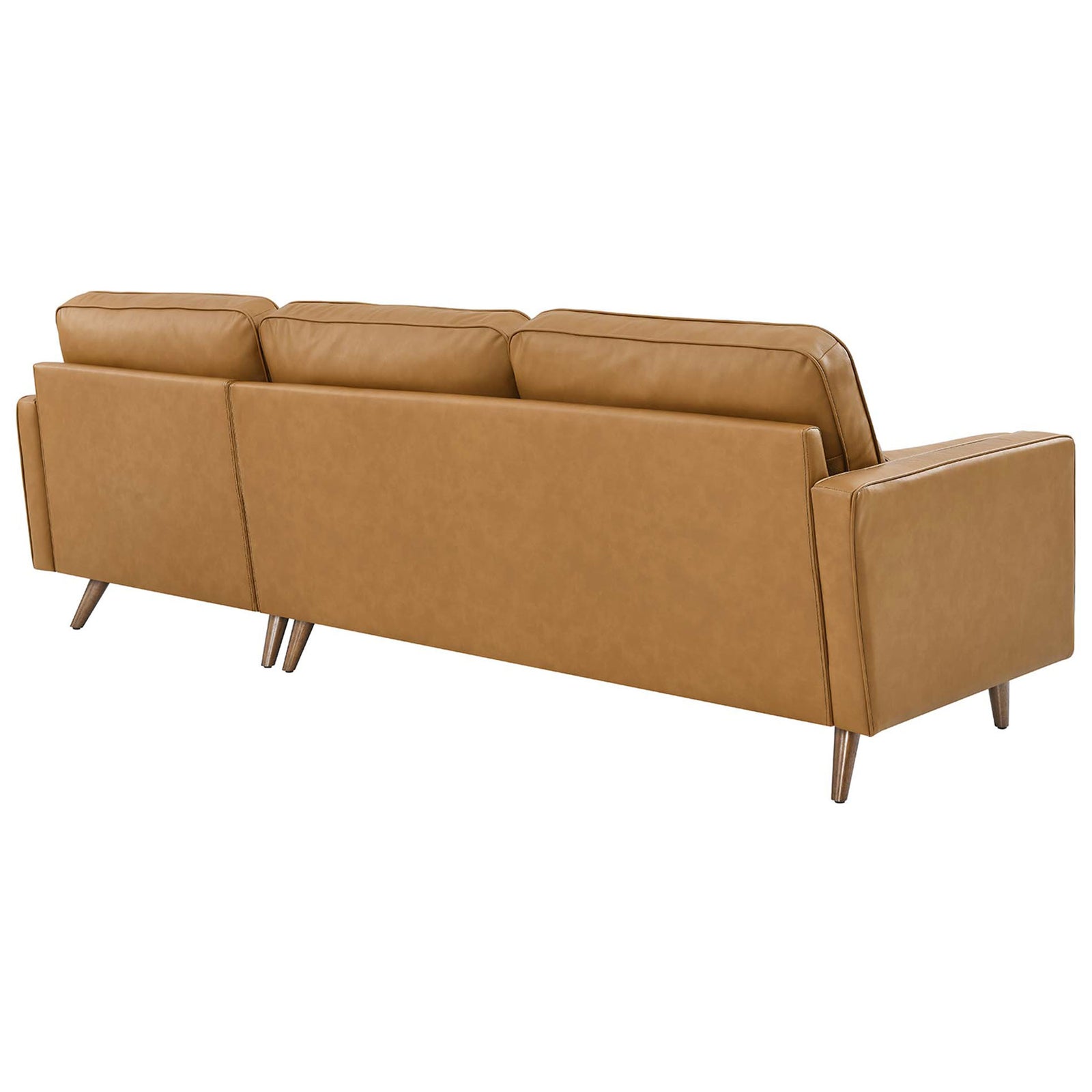 Tan leather sectional with smooth upholstered back, neat seams, and angled wooden legs. || EEI-5873-TAN || back_studio