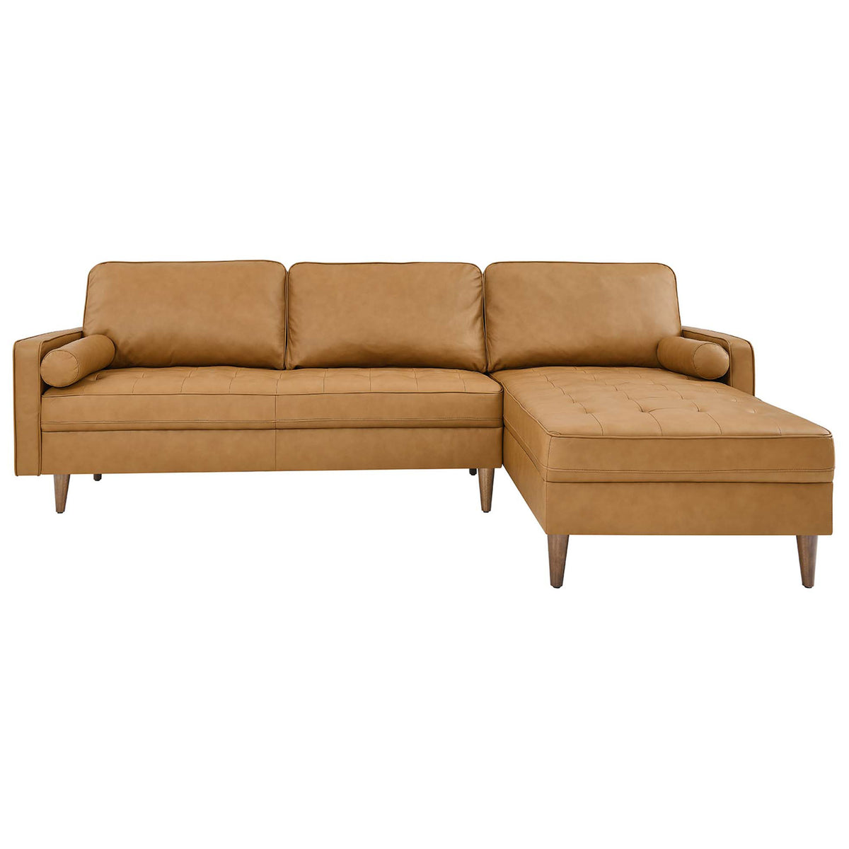 Tan leather sectional sofa with right chaise, tufted seat, and slim track arms on tapered wood legs. || EEI-5873-TAN || front_studio