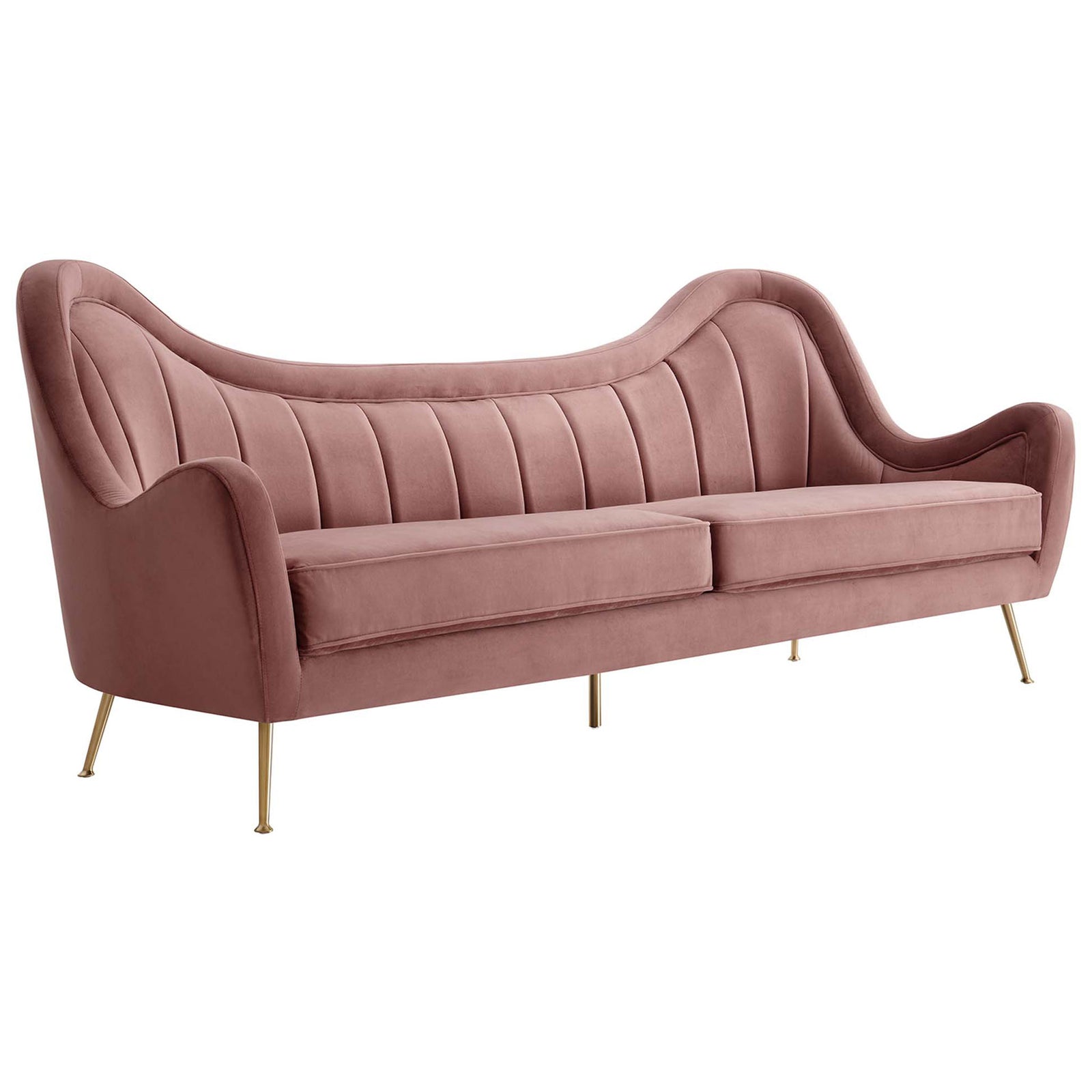 Gracefully curved dusty rose velvet sofa with flowing silhouette and gleaming gold legs. || EEI-5874-DUS || front_angle_studio