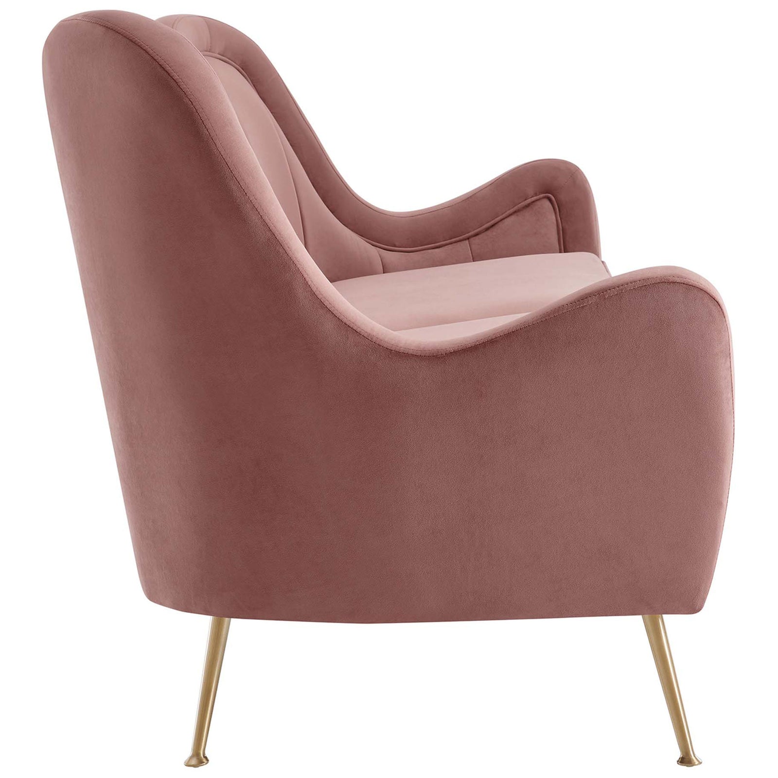 Dusty rose velvet sofa showcasing its sculpted side profile, wraparound arms, and tapered gold legs. || EEI-5874-DUS || side_studio