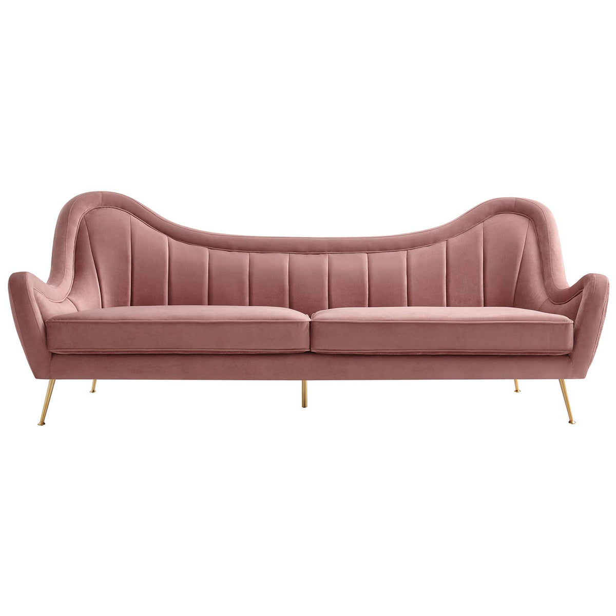 Elegant dusty rose velvet sofa with sculpted backrest, channel tufting, and slim gold-finished legs. || EEI-5874-DUS || front_studio