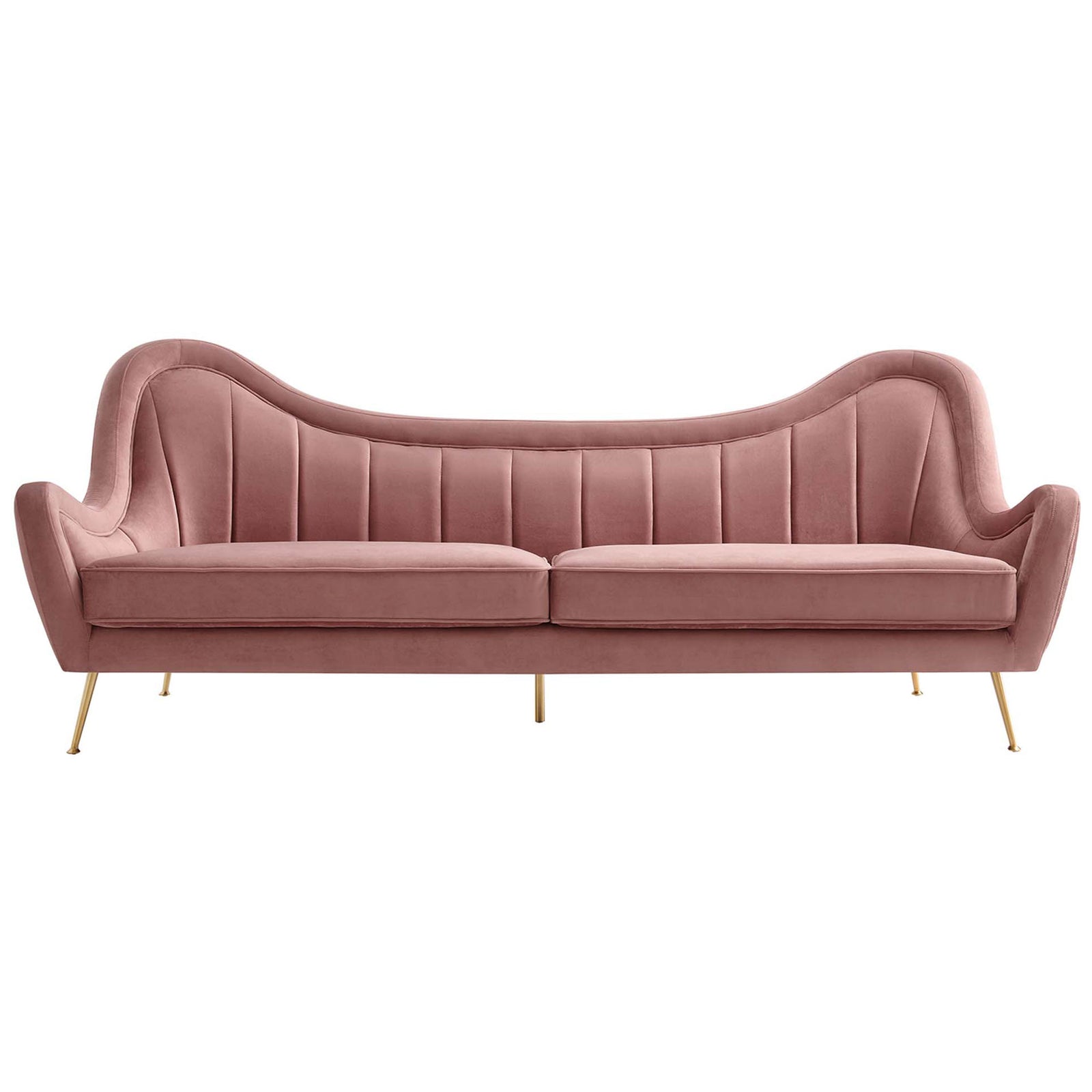 Elegant dusty rose velvet sofa with sculpted backrest, channel tufting, and slim gold-finished legs. || EEI-5874-DUS || front_studio