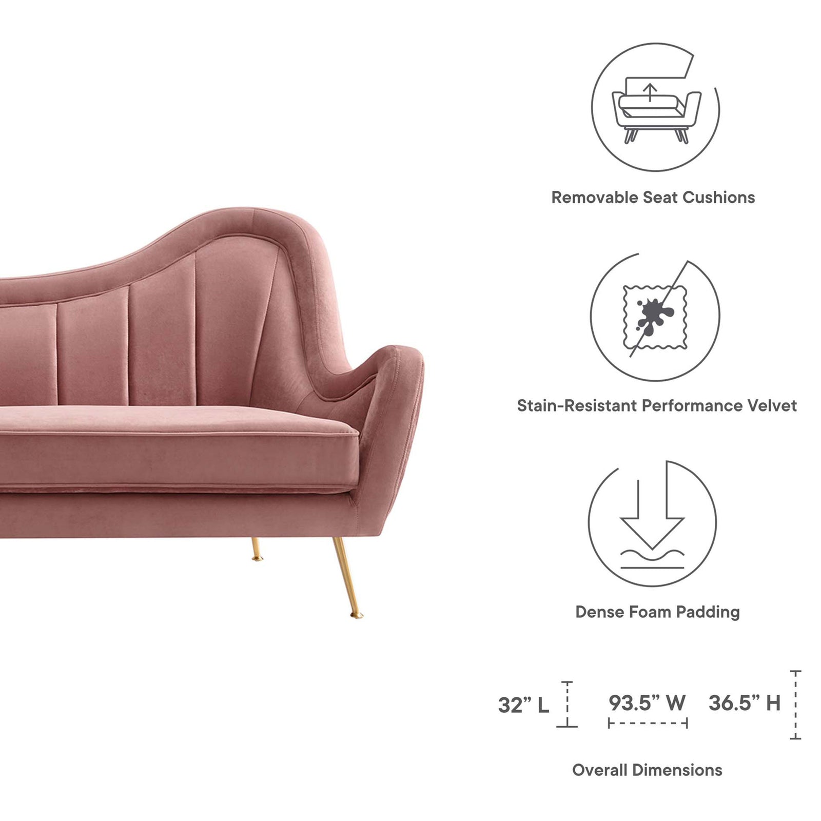 Cheshire dusty rose velvet sofa with icons calling out removable cushions, stain resistance, and dense foam comfort. || EEI-5874-DUS || dimension_studio