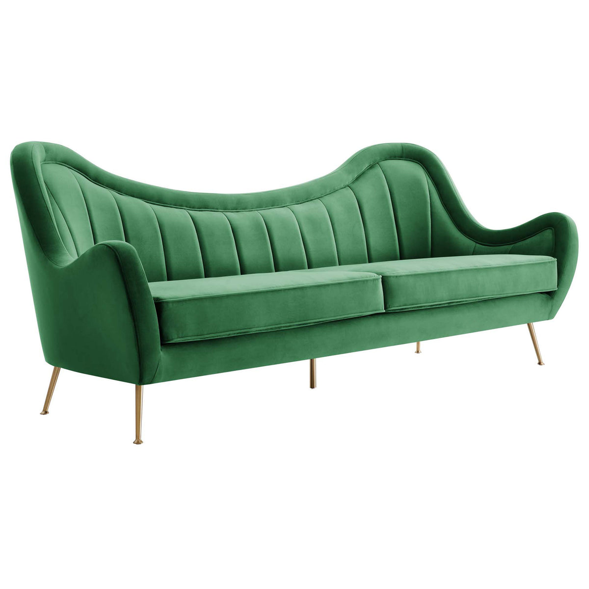 Emerald velvet sofa with sculpted wave back and slim gold legs for a glam statement || EEI-5874-EME || front_angle_studio