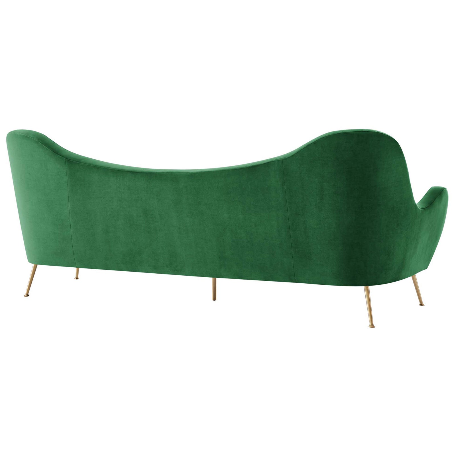 Smooth emerald velvet back with flowing contours and tapered gold legs for an elegant finish || EEI-5874-EME || back_angle_studio