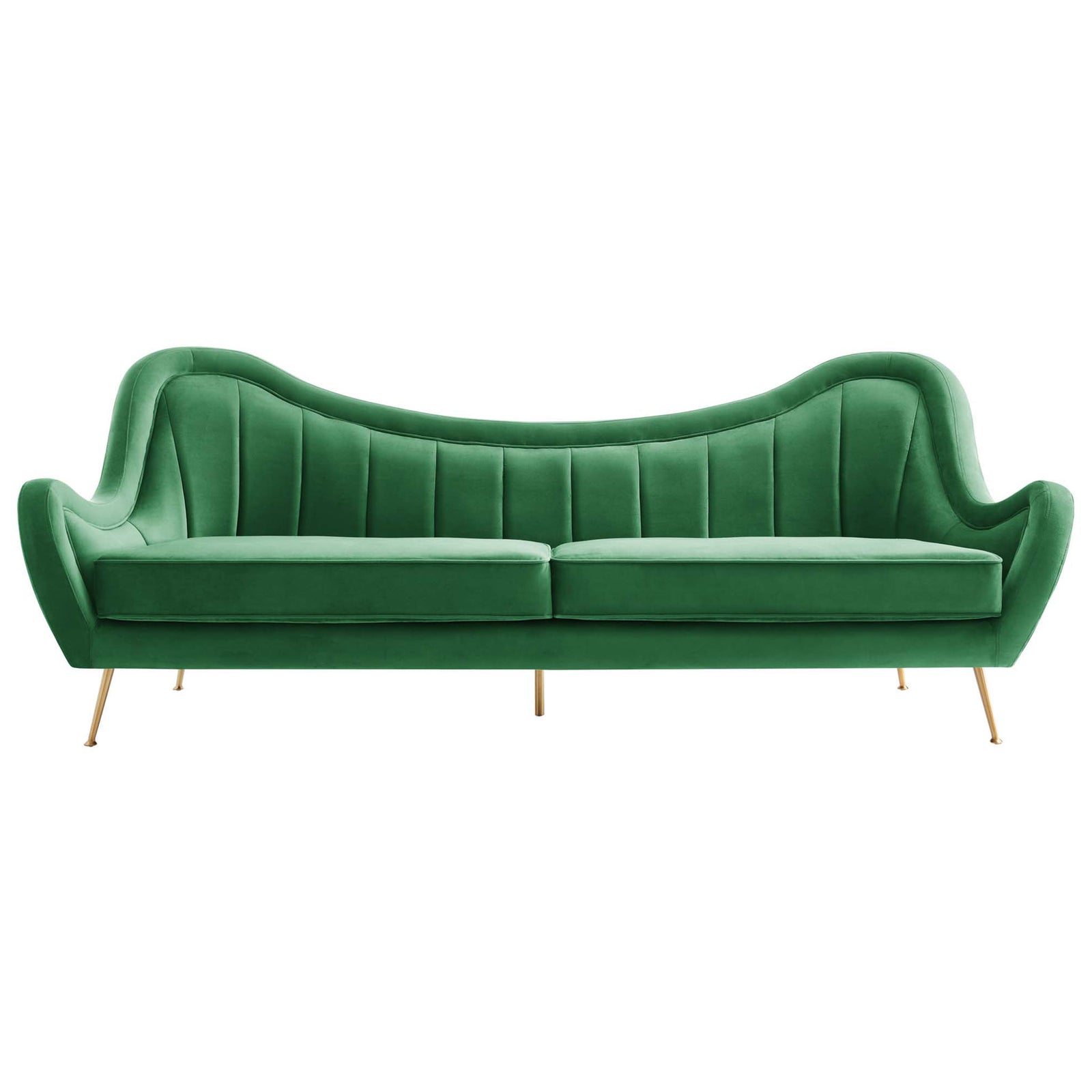 Channel tufted emerald velvet sofa with deep seat cushions and refined gold legs || EEI-5874-EME || front_studio