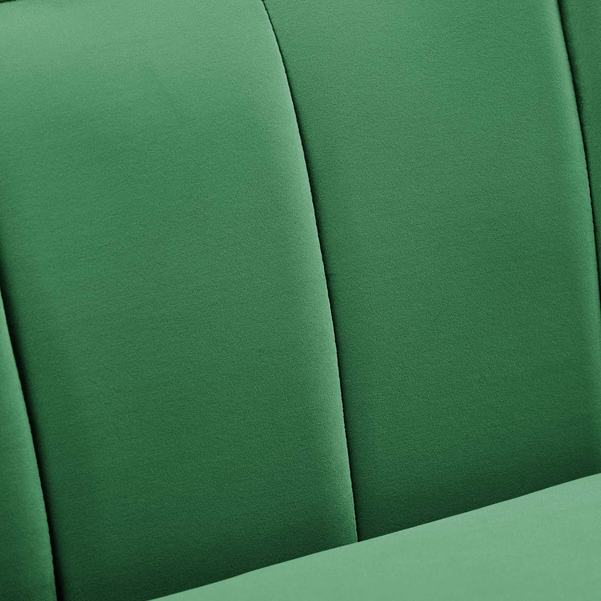 Close up of soft emerald performance velvet fabric with subtle sheen and channel tufting || EEI-5874-EME || swatch_studio