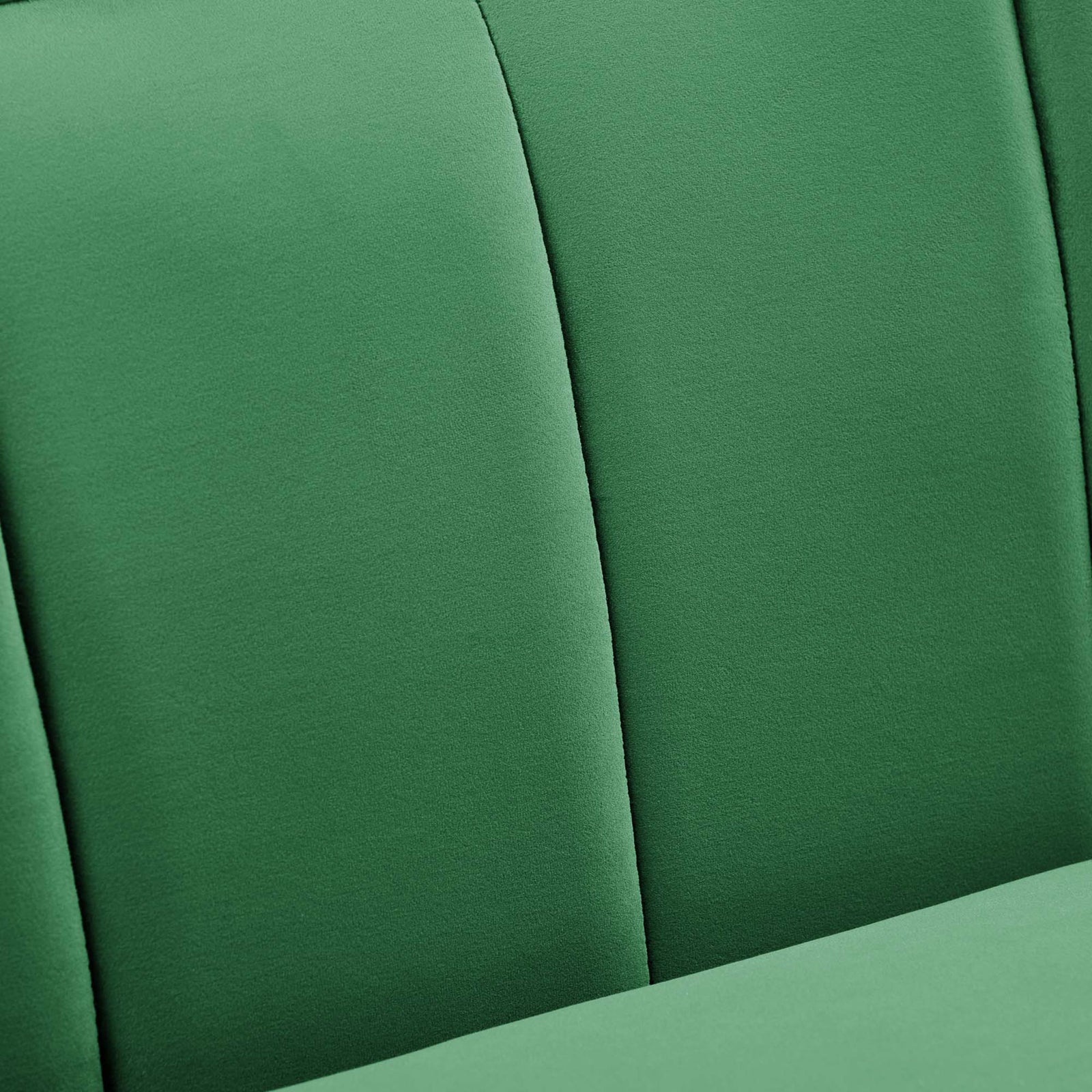 Close up of soft emerald performance velvet fabric with subtle sheen and channel tufting || EEI-5874-EME || swatch_studio