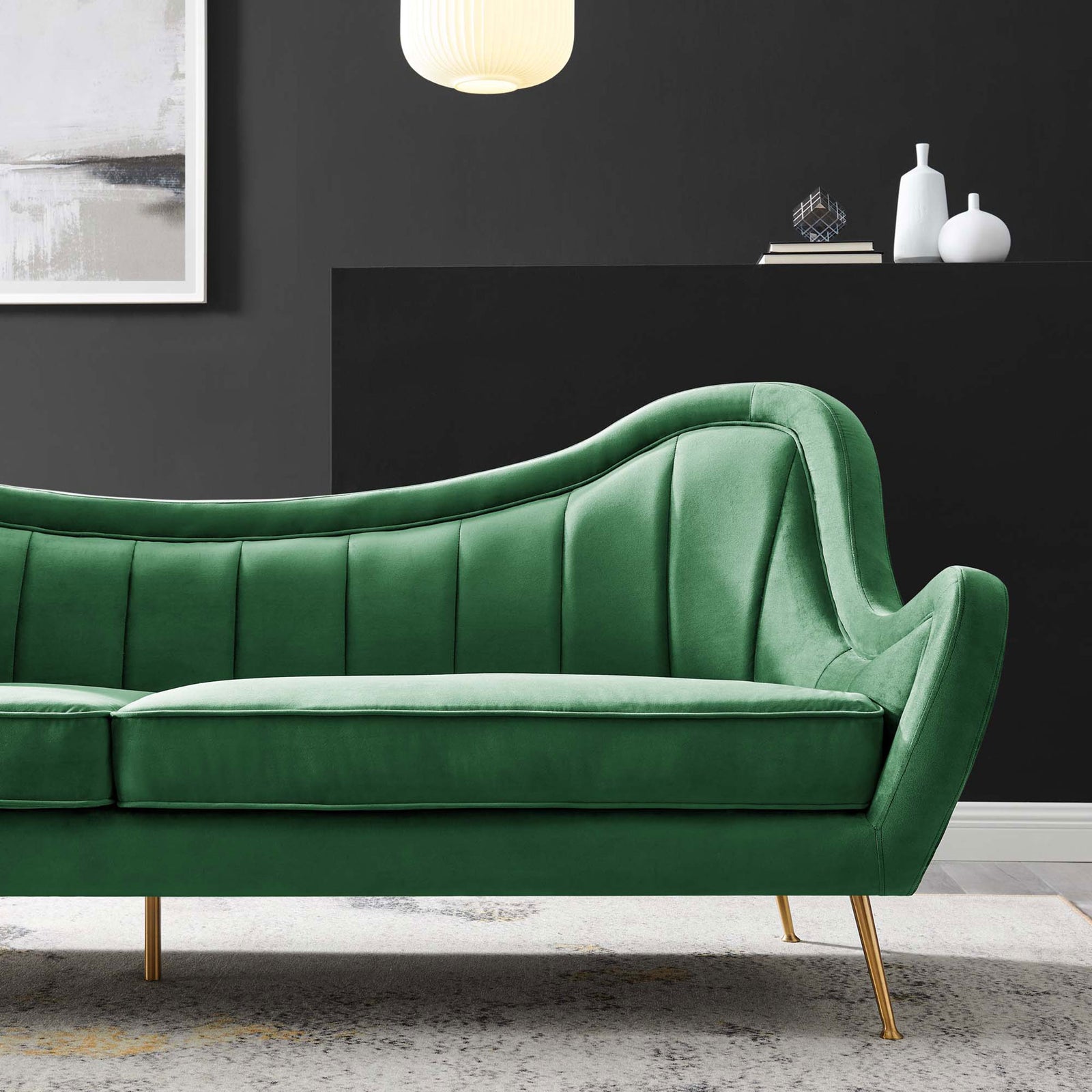 Emerald velvet sofa styled in a modern living room with black wall and pendant light || EEI-5874-EME || detail_room