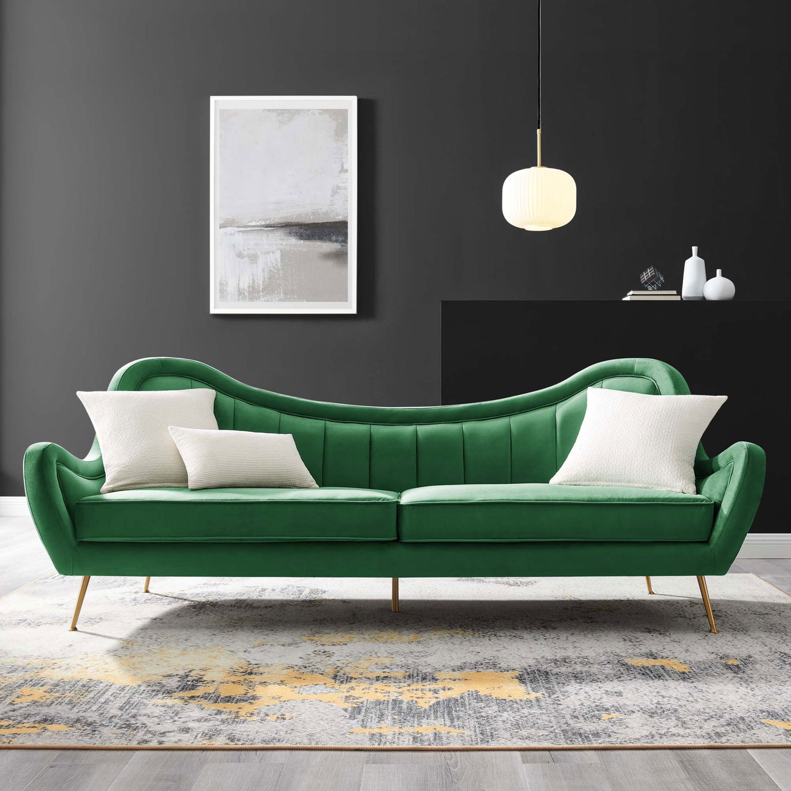 Emerald velvet sofa with white accent pillows and patterned rug in a contemporary living room || EEI-5874-EME || front_room