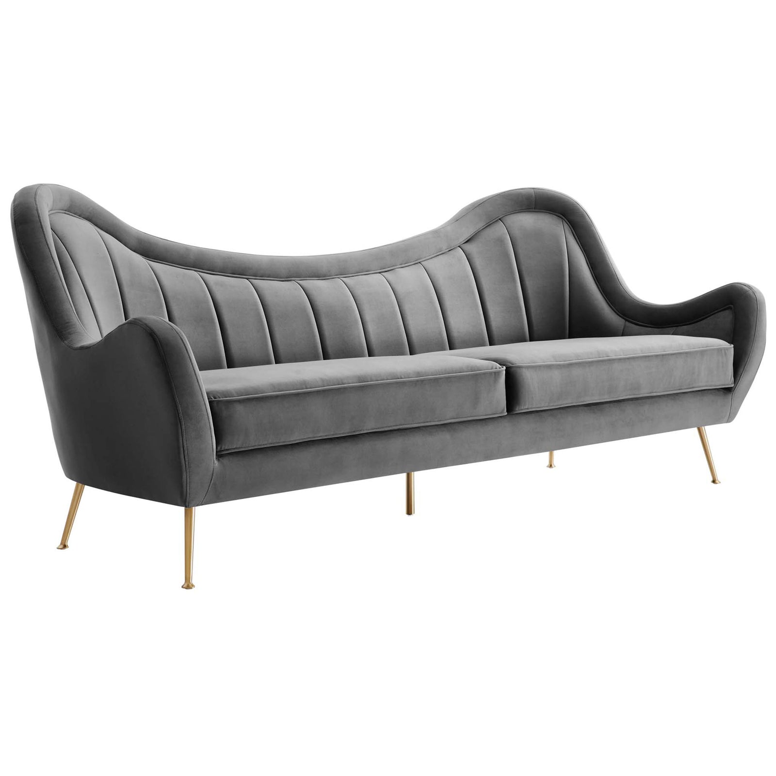 Gray velvet channel-tufted sofa with sculpted backrest and slim gold metal legs || EEI-5874-GRY || front_angle_studio